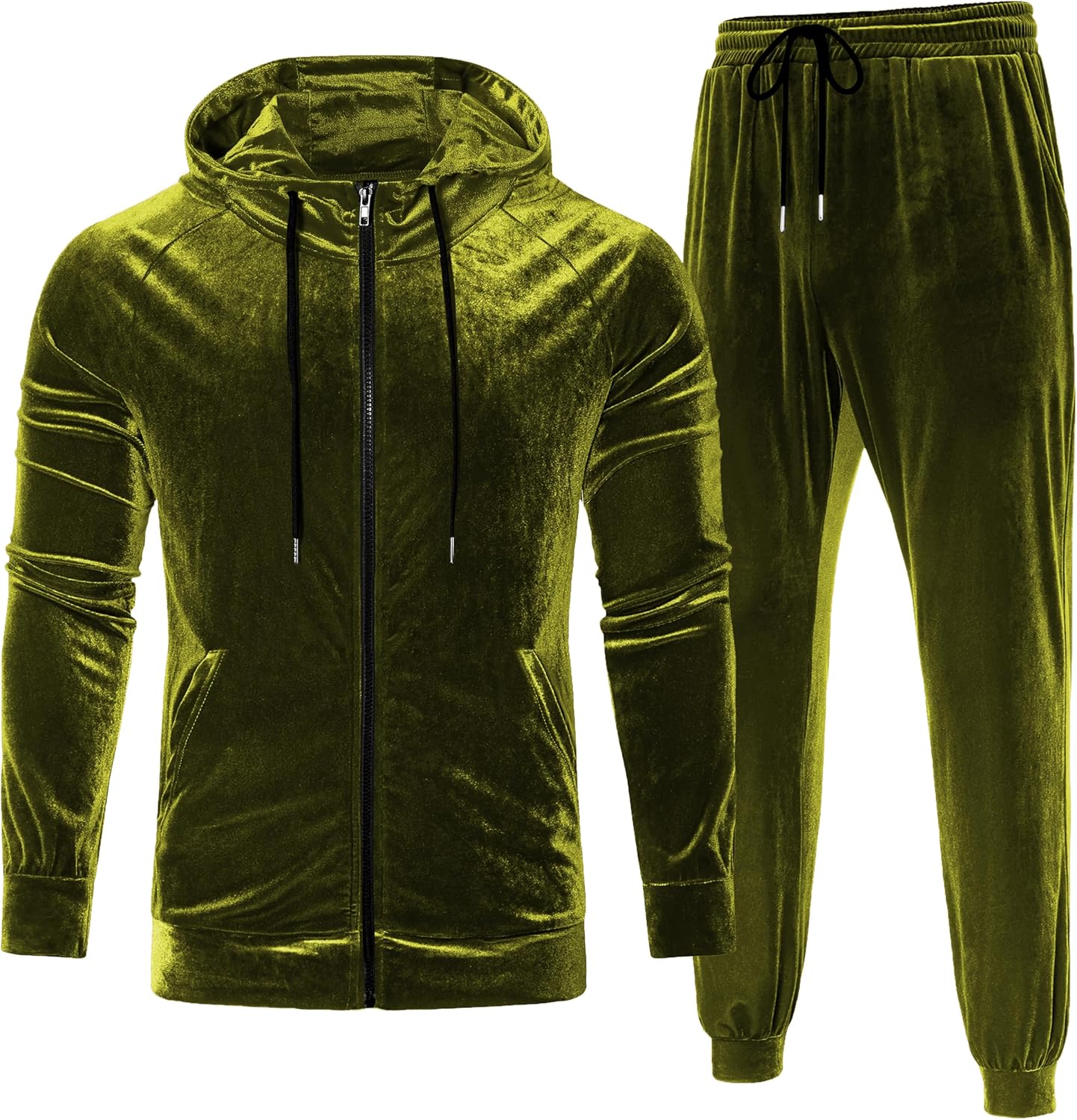 LecGee Men's 2 Piece Velvet Tracksuit Full Zip Turtleneck Hooded Jacket and Casual Jogger Pants Matching Velour Sweatsuit Set