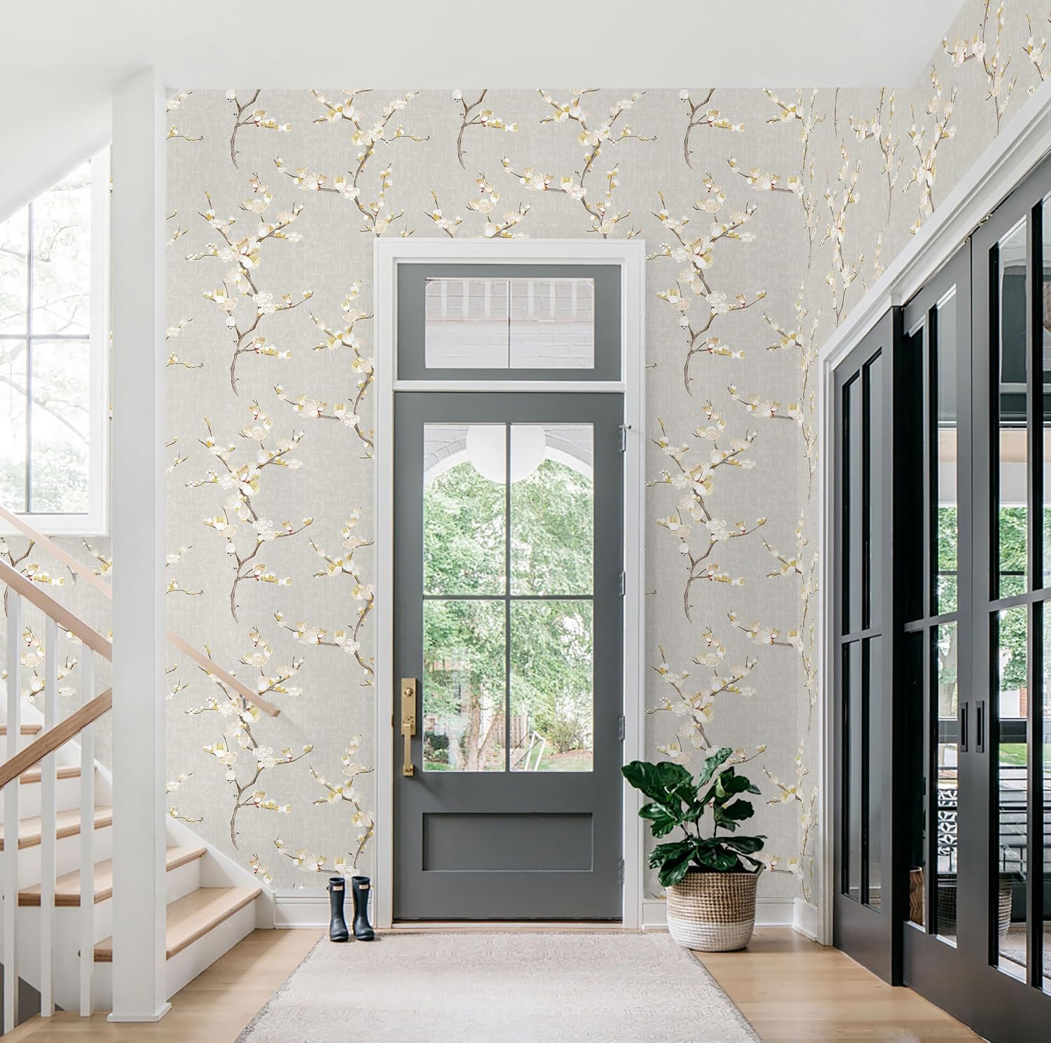 Guvana Peel and Stick Wallpaper Floral Contact Paper Modern Removable Waterproof Wall Paper for Bathroom Bedroom Laundry Room Decor Vintage Grey Yellow Flower Farmhouse Wallpaper Vinyl Roll 17.3×394"