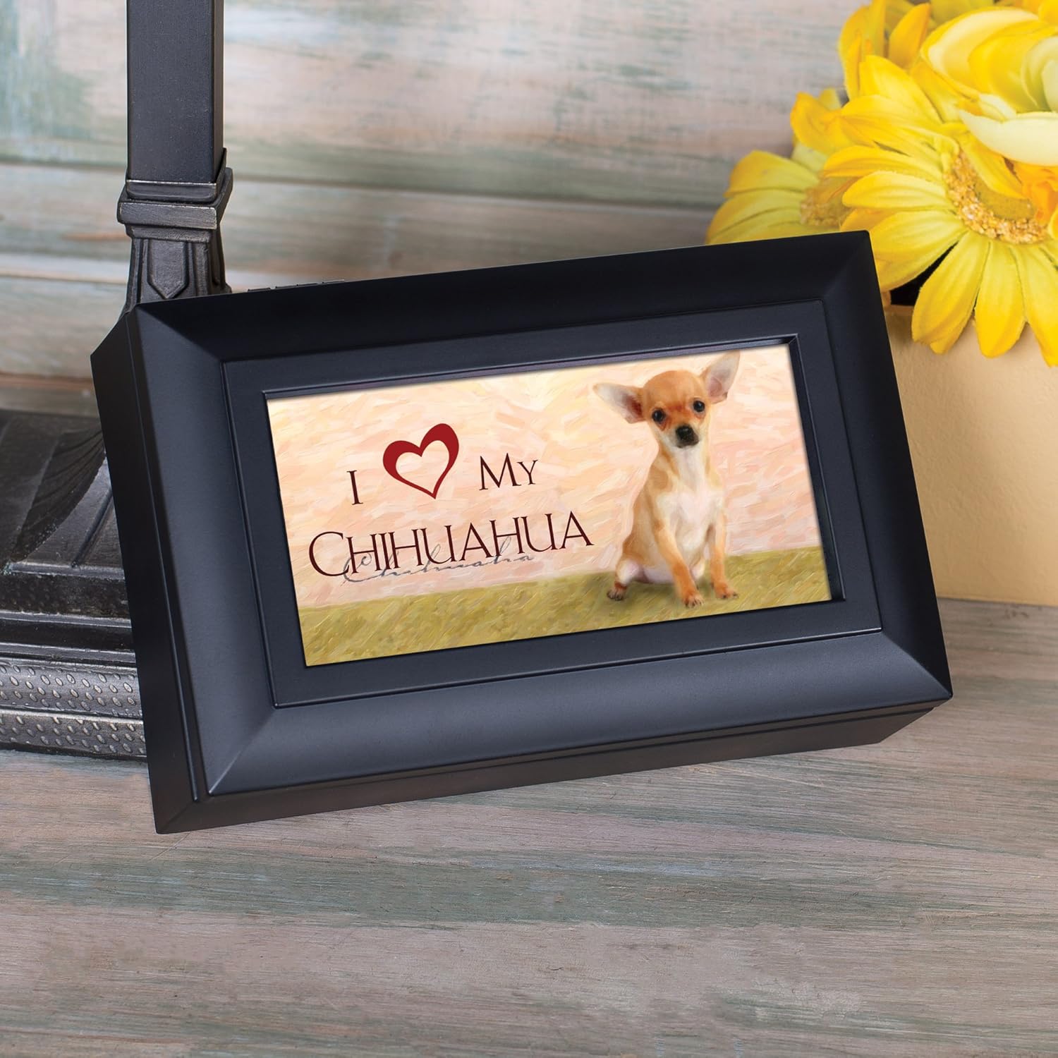 Cottage Garden Love My Chihuahua Matte Black Jewelry Music Box Plays Wonderful World