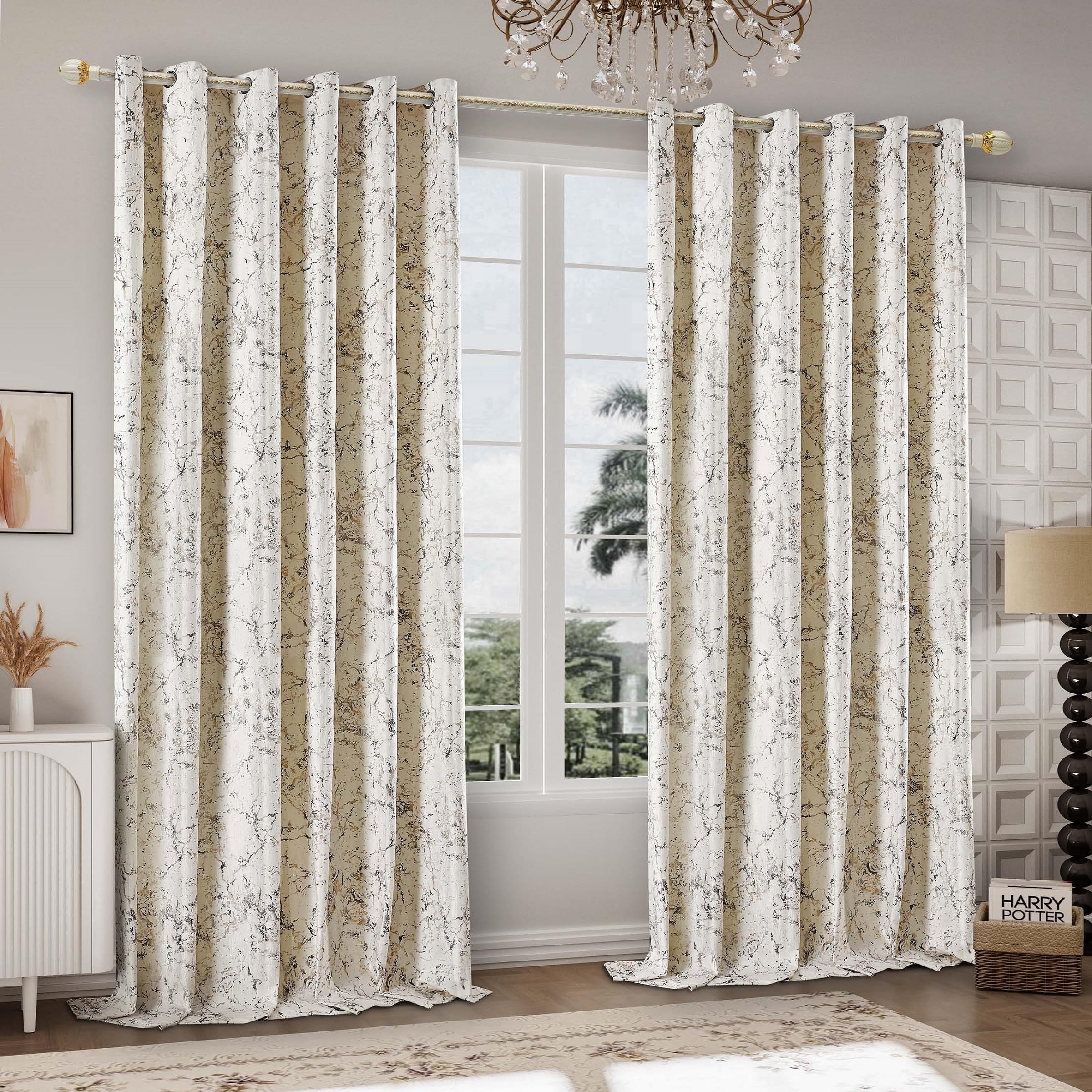 Heavy Thick Velvet Curtains Glitzy Printed Eyelet Ring Top Blackout Thermal Insulated Pair Panels for Bedroom Living Room Window Drapes (Cream, 90 x 90 in (228 x 228 cm))