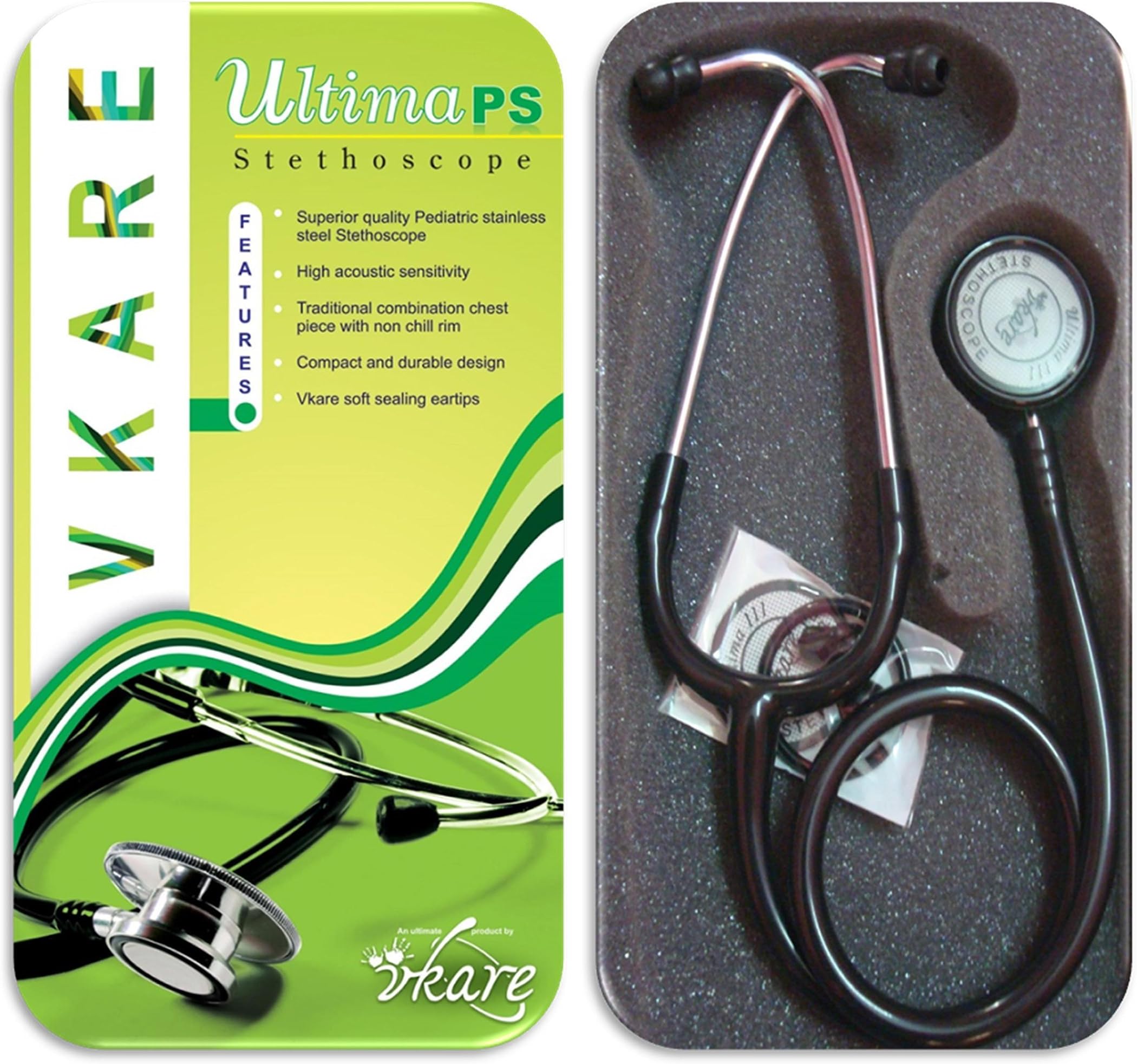 VkareVkare Pediatric Stainless Steel Stethoscope for Doctors Nurse Medical Students Practitioner Ultima PS (Black)