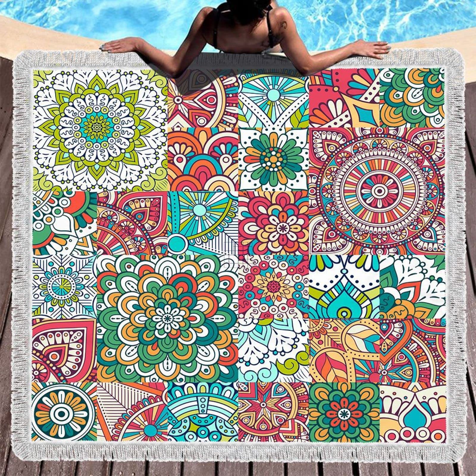Tappetino Da Picnic Coperta Picnic Telo Pic Nic Stuoia Campeggio 150 Cm Modello Vintage Stile Etnico Boemo Quadrato Stampa Telo Mare Tappetino Pranzo In Microfibra Serie Geometrica Stampa Digitale 3D,