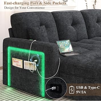 HIFIT 107'' LED Sectional Sleeper Sofa with Pull Out Couch Bed, U Shaped Couch with Storage Chaise, Adjustable Backrest & USB & 2 Pillows, Modern Chenille Home Sofa Living Room Furniture Set, Black