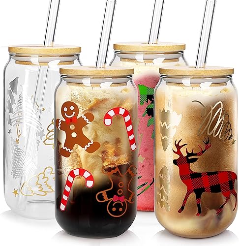 ANOTION Vasos de Navidad, tazas de café de Navidad de 18 onzas con tapa y pajita, vaso colorido de alce para árbol de Navidad, vasos para beber,