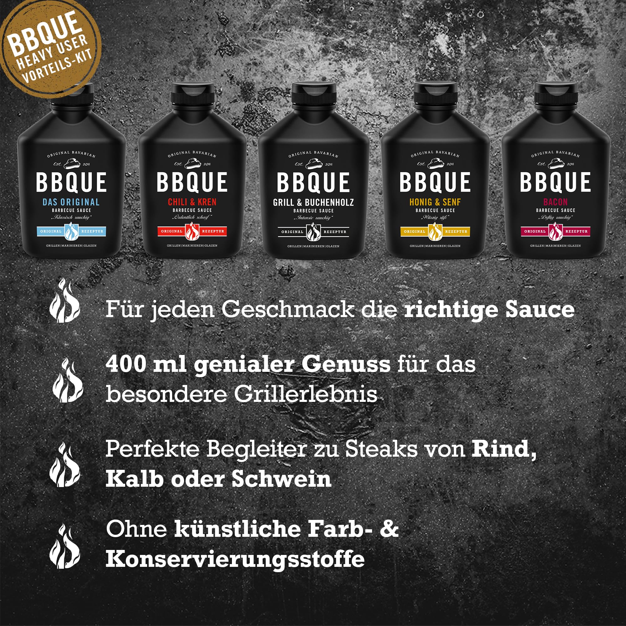BBQUE – BBQ-Saucen Set "Furious 5" Squeeze-Flaschen 5x400 ml – Barbecuesaucen Bundle (Original, Grill & Buchenholz, Chili & Kren, Bacon, Honig & Senf) – Ideal zum Grillen, für Marinaden & als Dip