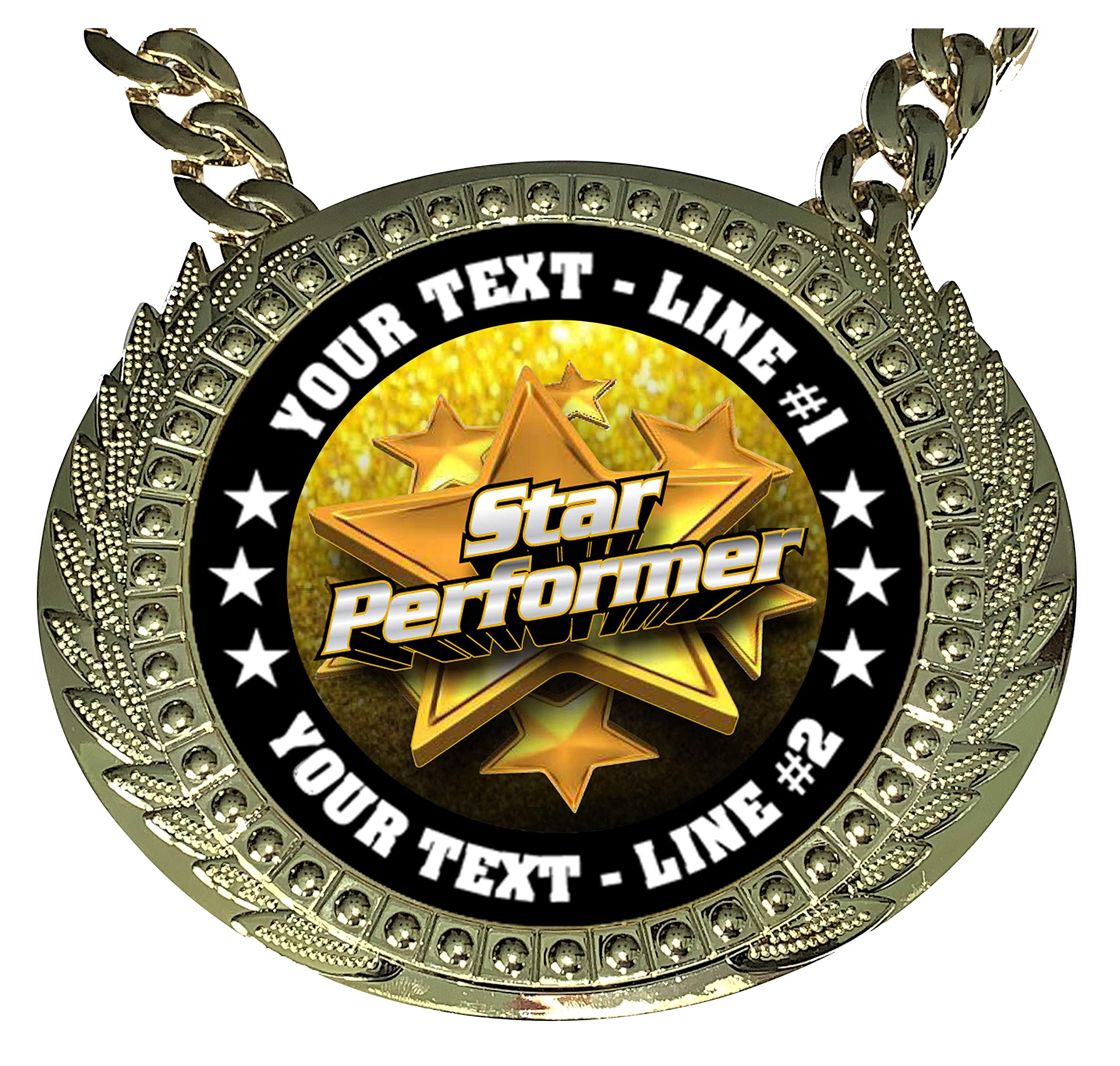 Express Medals Custom Star Performer Champ Chain Trophy with 2 Lines of Personalized Text on a Large Rigid Plastic Award Medal and 34 Inch Long Gold Color Neck Chain. FCL551