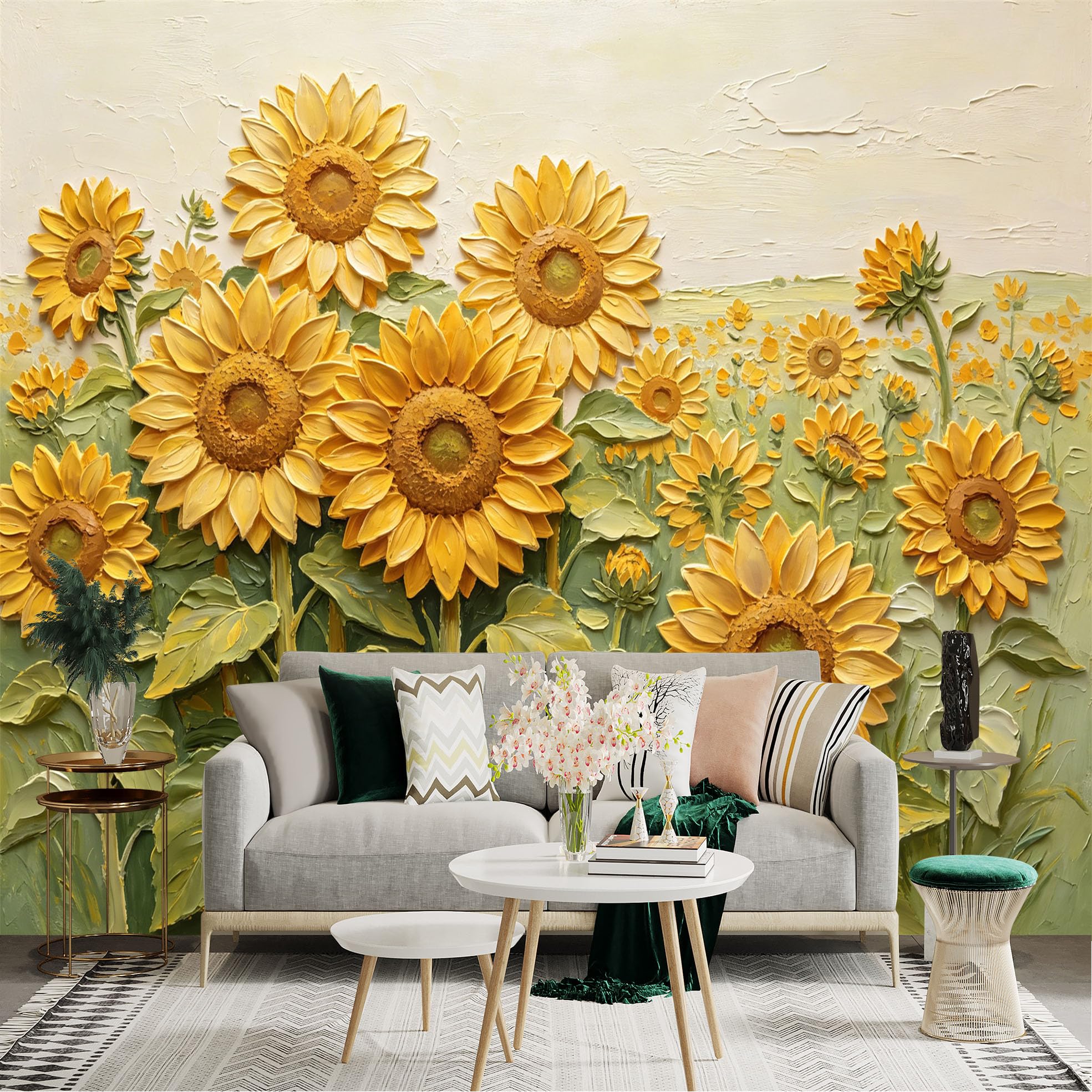 Lnzczhyre Dbh260521319 Custom Size Wall Sticker Mural， Textured Impasto Sunflowers， Vibrant Yellow Floral Field， Blooming Summer Botanical Garden， For Wall Decoration， Peelandstick Wall Decals.