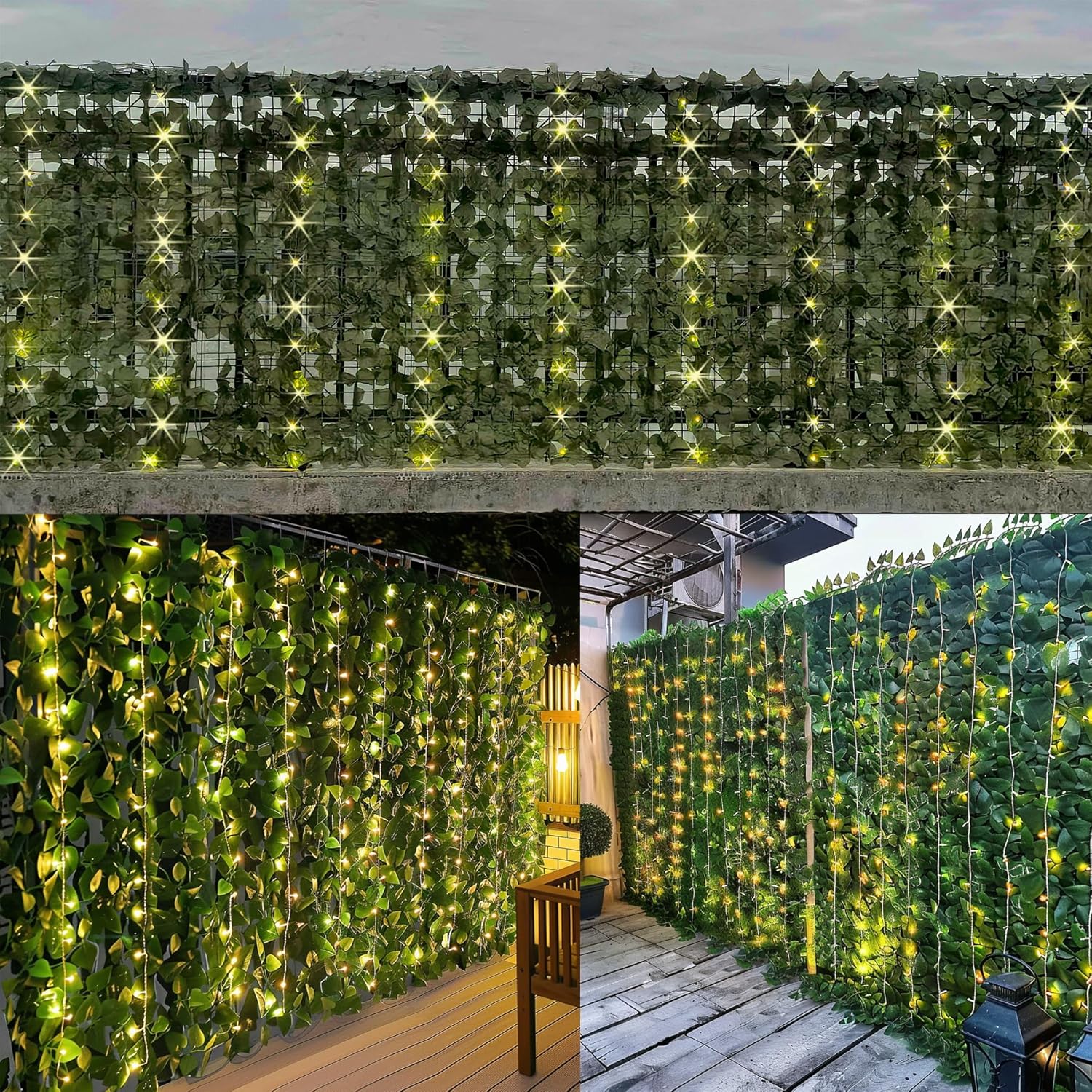 Artificial Ivy Privacy Fence with Lights 120x40in Grass Wall Screen Fake Vines Balcony Fence Privacy Screen Cover, Faux Ivy Leaf Hedge Panels Wall Decoration