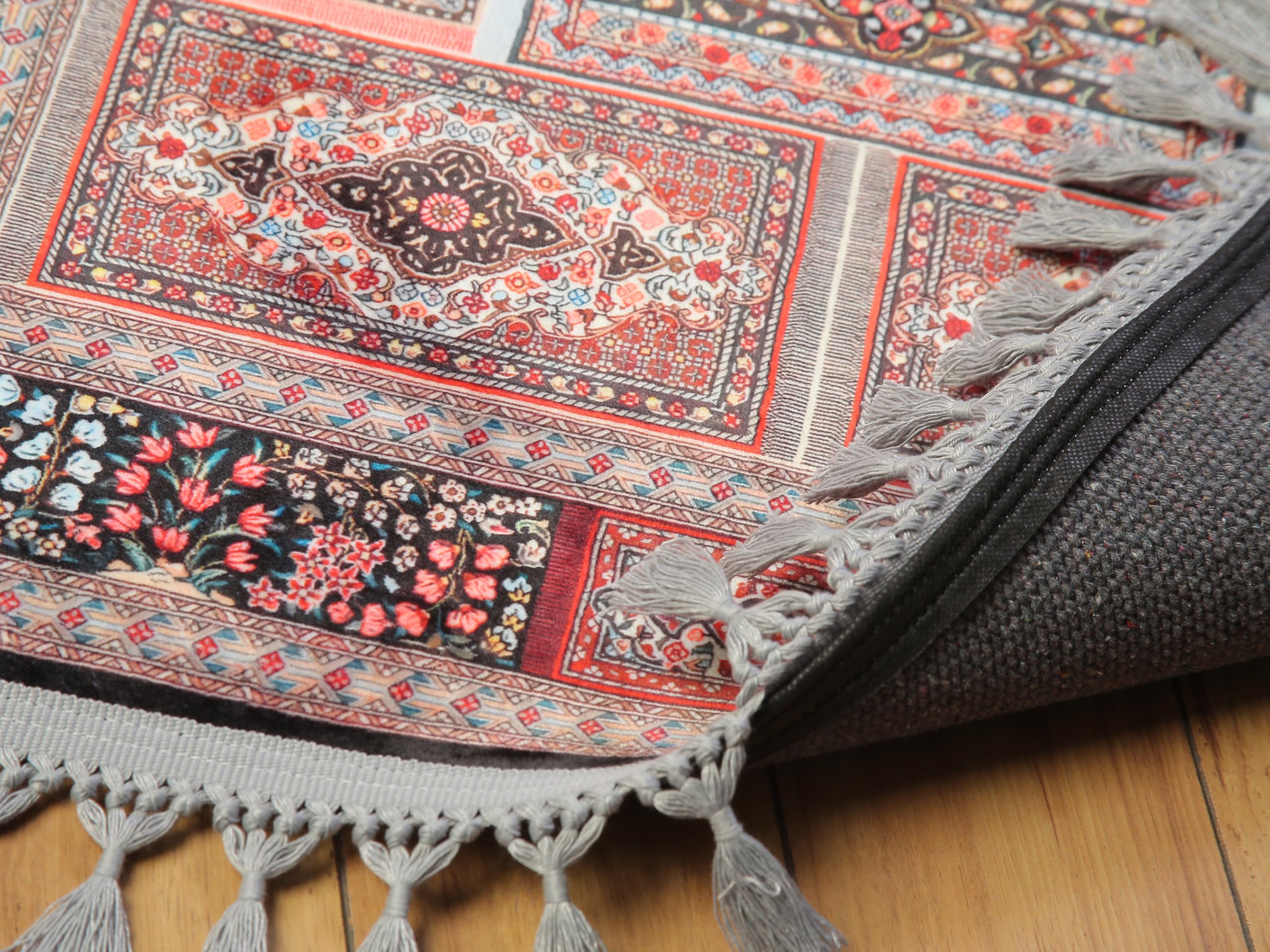 allmode homestyle şekil Tapis de prière à pompons Motif floral Rouge et noir Motif géométrique Tapis turc
