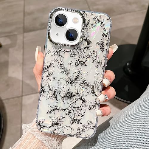 Funda transparente compatible con iPhone 14, elegante diseño de boceto de flores, funda para teléfono floral vintage para mujeres y niñas, protector