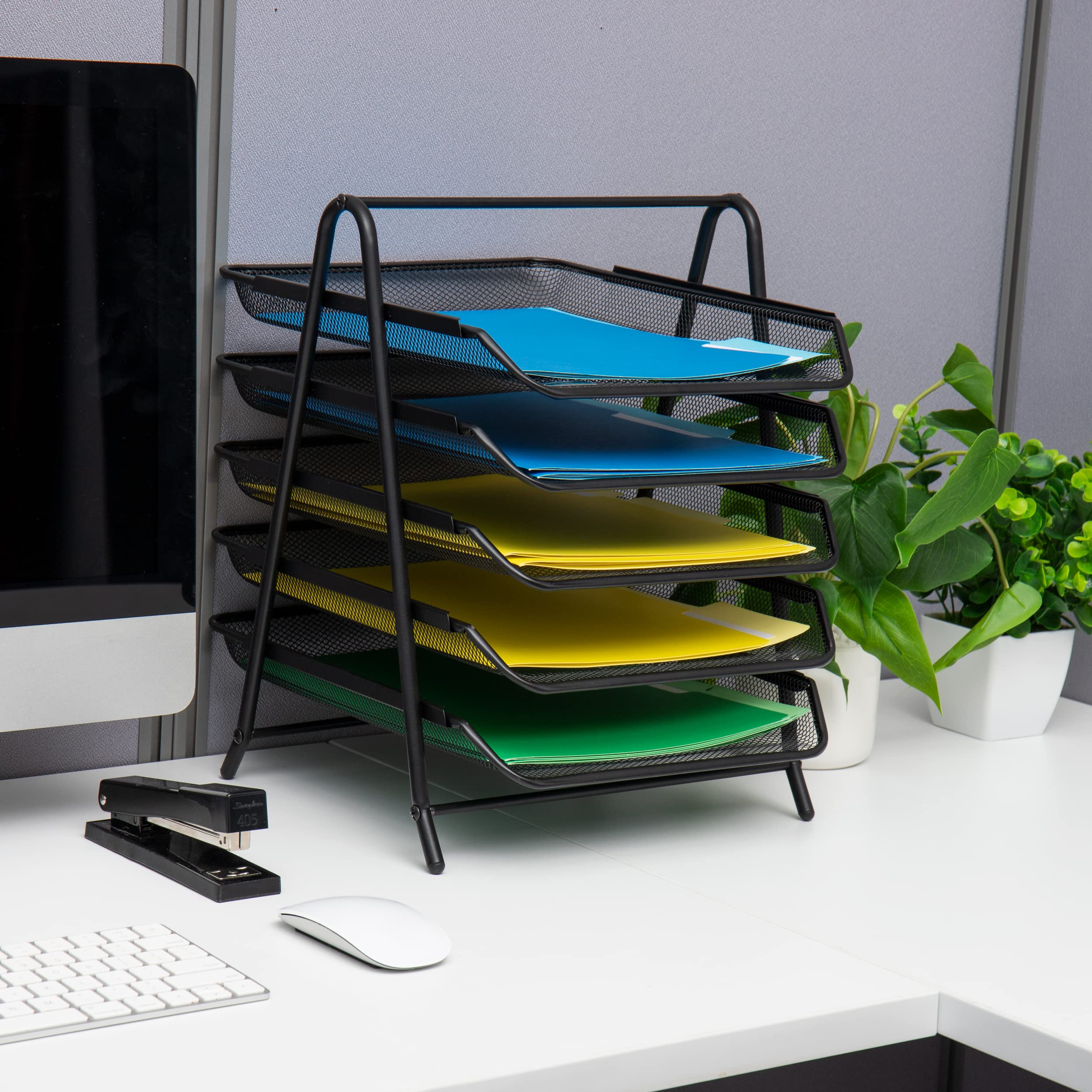 Mind Reader Network Collection, 5-stöckiges Papiertablett und 10 Aktenordner, Aktenspeicher, Desktop-Organizer, Metallgitter, Schwarz