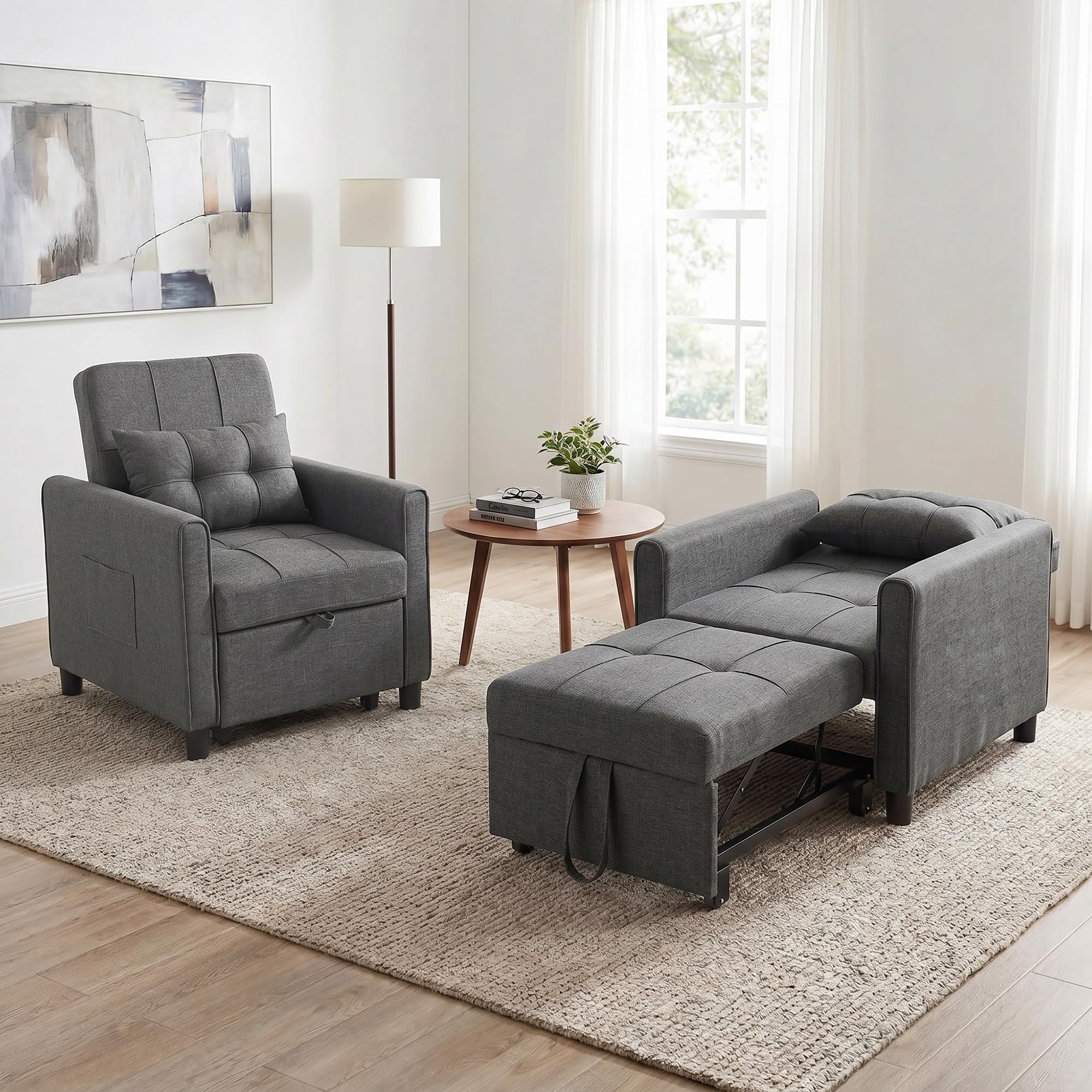 HOMCOM Poltrona Letto Singolo 3 in 1 Pieghevole, Schienale Regolabile 3 Posizioni, Cuscino, Divano Letto Imbottito Salvaspazio in Tessuto Effetto Lino e Legno con Ruote, Tasche, 69x82x85cm, Grigio