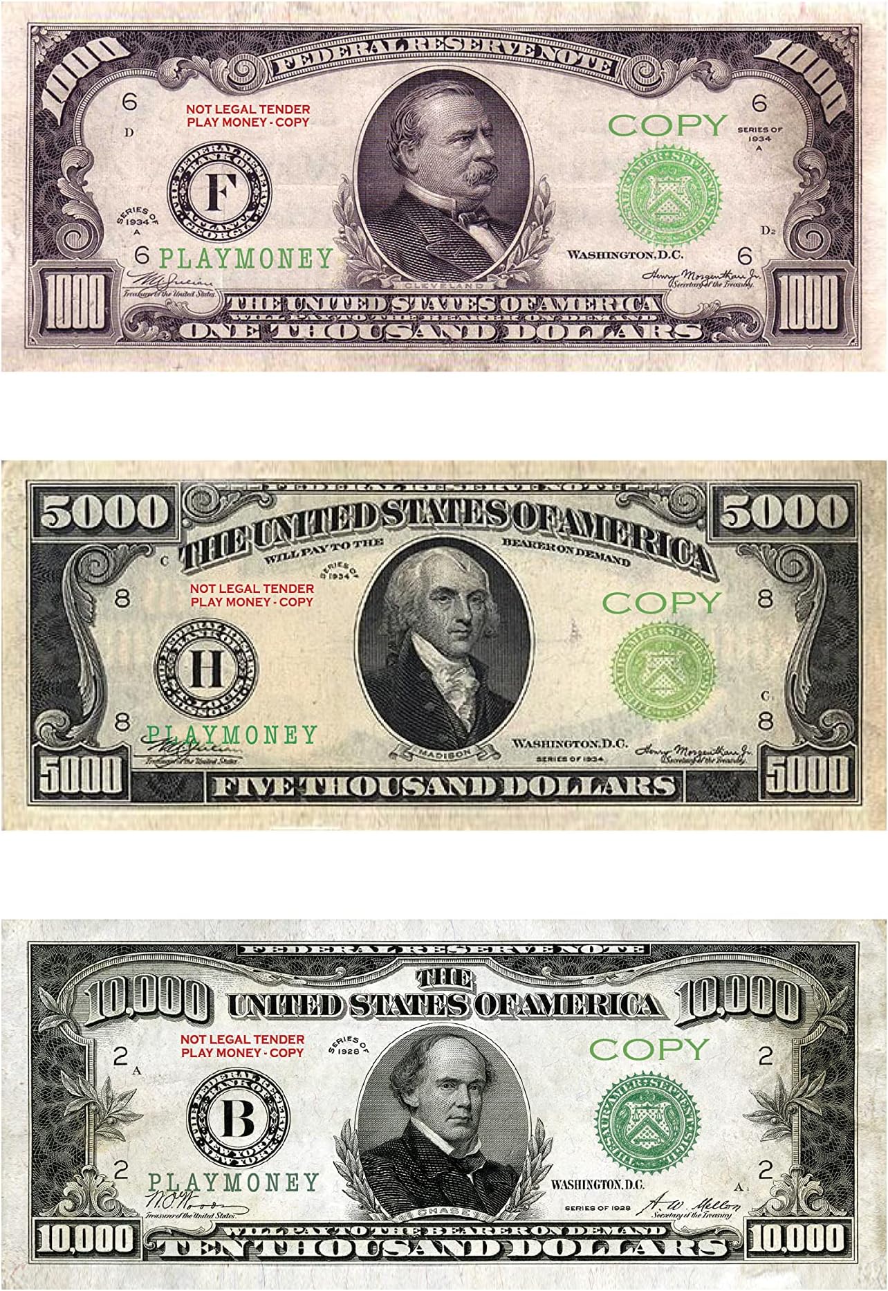 Custom Toys & Hobbies 20X $1000/5000/10,000 (1928) BILLS PROP MONEY/FAKE/PLAY. NOT LEGAL TENDER size 2.3x5.5 in. ONE SIDE ONLY