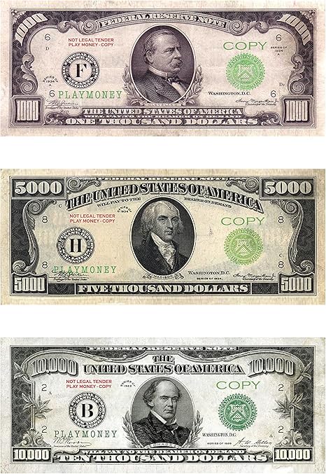 amazon com play fake copy money for kids 10 000 5000 1000 dollar looks real gag props for movie music video educational learning vintage antique old 1928 toys games