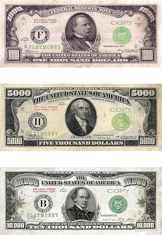 amazon com play fake copy money for kids 10 000 5000 1000 dollar looks real gag props for movie music video educational learning vintage antique old 1928 toys games
