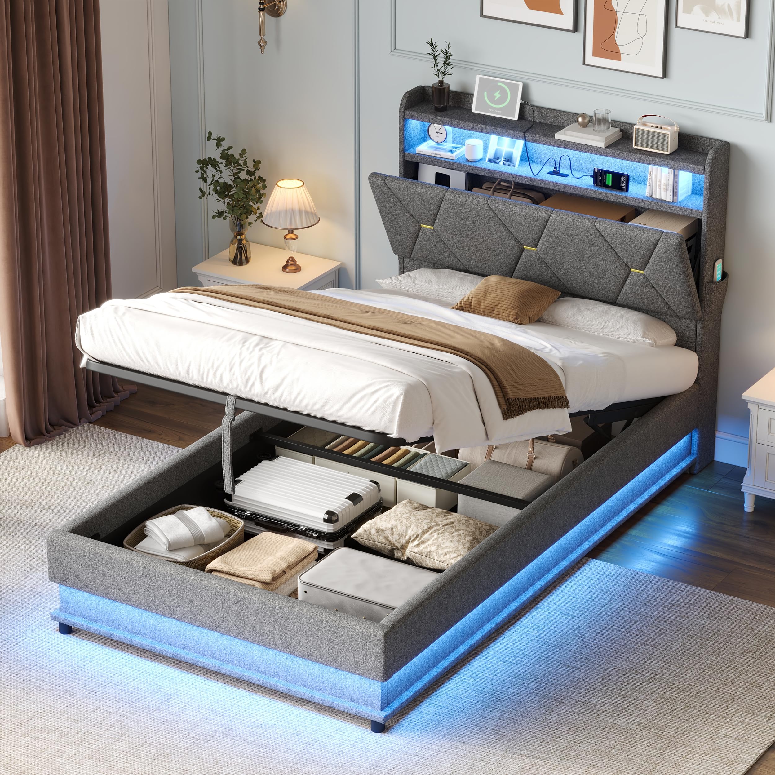 Miyemo Single Bed Frame with Storage, Ottoman Upholstered Bed Frame with Headboard Storage & Hydraulic, 3ft Linen Doube Bed Frame with LED-Lighting & Charging-Station, 90x190cm, Grey, (No Mattress)