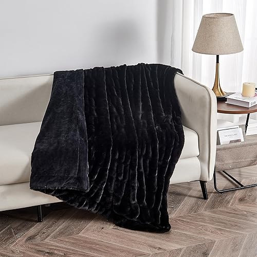 Miniatura 6 de Great Bay Home Manta mullida de piel sintética fruncida, color negro, ultra suave, reversible, manta gruesa para silla, sofá o cama, manta cálida y