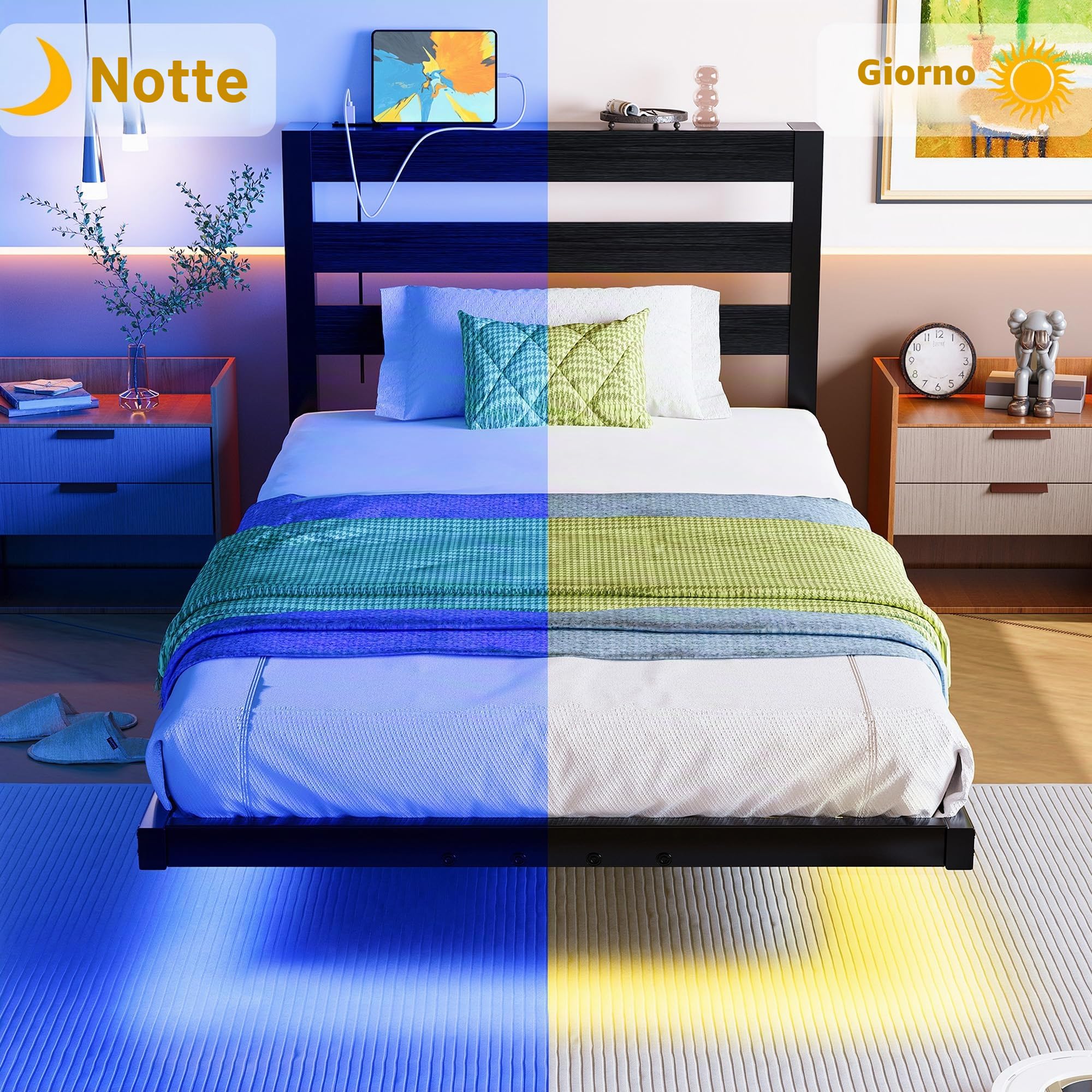 Telaio letto singolo galleggiante da 0,9 m con luci a LED e stazione di ricarica USB, struttura per letto in metallo con testiera in legno, non necessita di rete imbottita, supporto a doghe