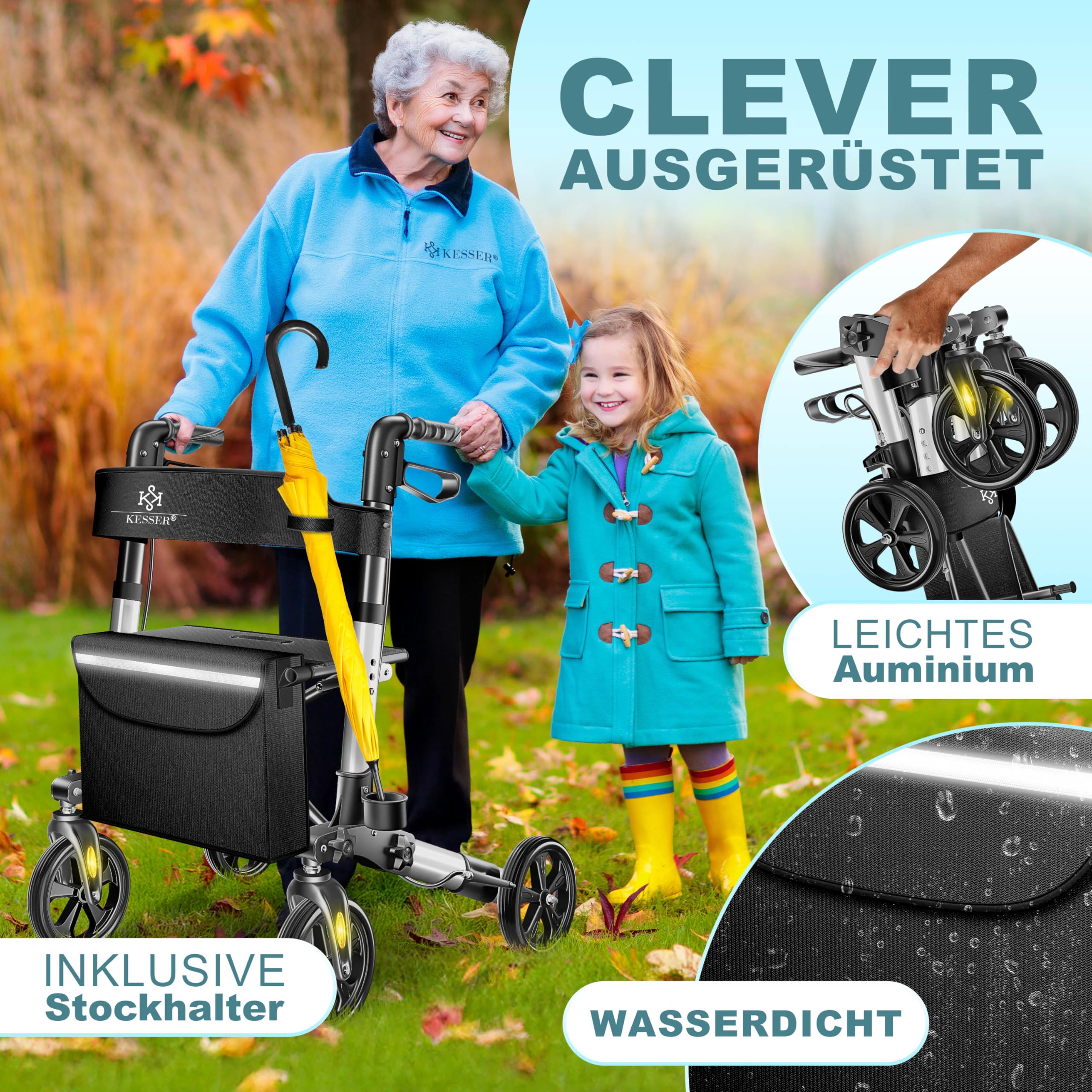 KESSER Leichtgewicht Rollator faltbar mit Sitz, Griff, Tasche, schmal für Senioren Wohnung, Klappbar, Höhenverstellbar, Reflektoren | All Gelände Reifen Indoor-& Outdoor, Gehhilfe, Laufhilfe, Schwarz