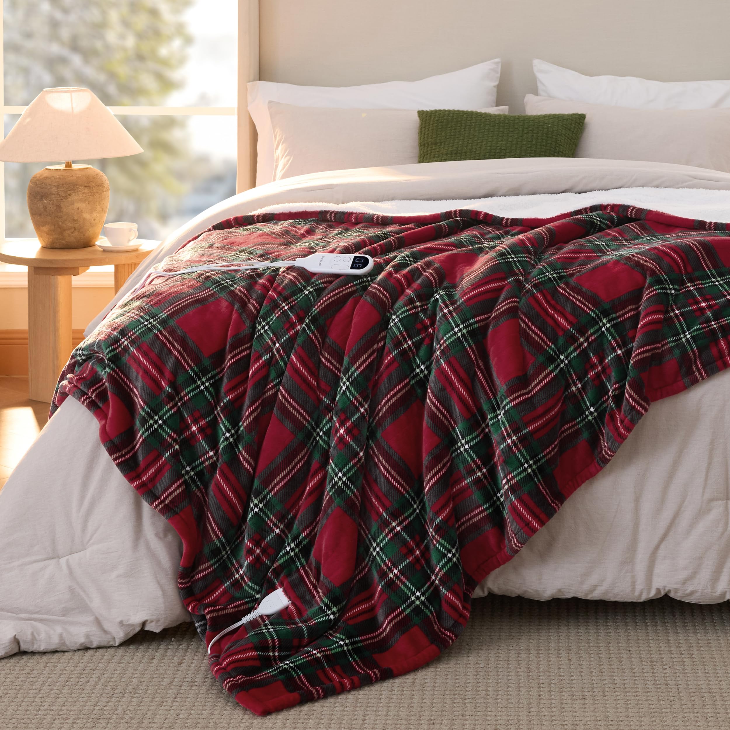 Bedsure Red Plaid Electric Blanket Twin Size, Flannel Sherpa Heated Blanket