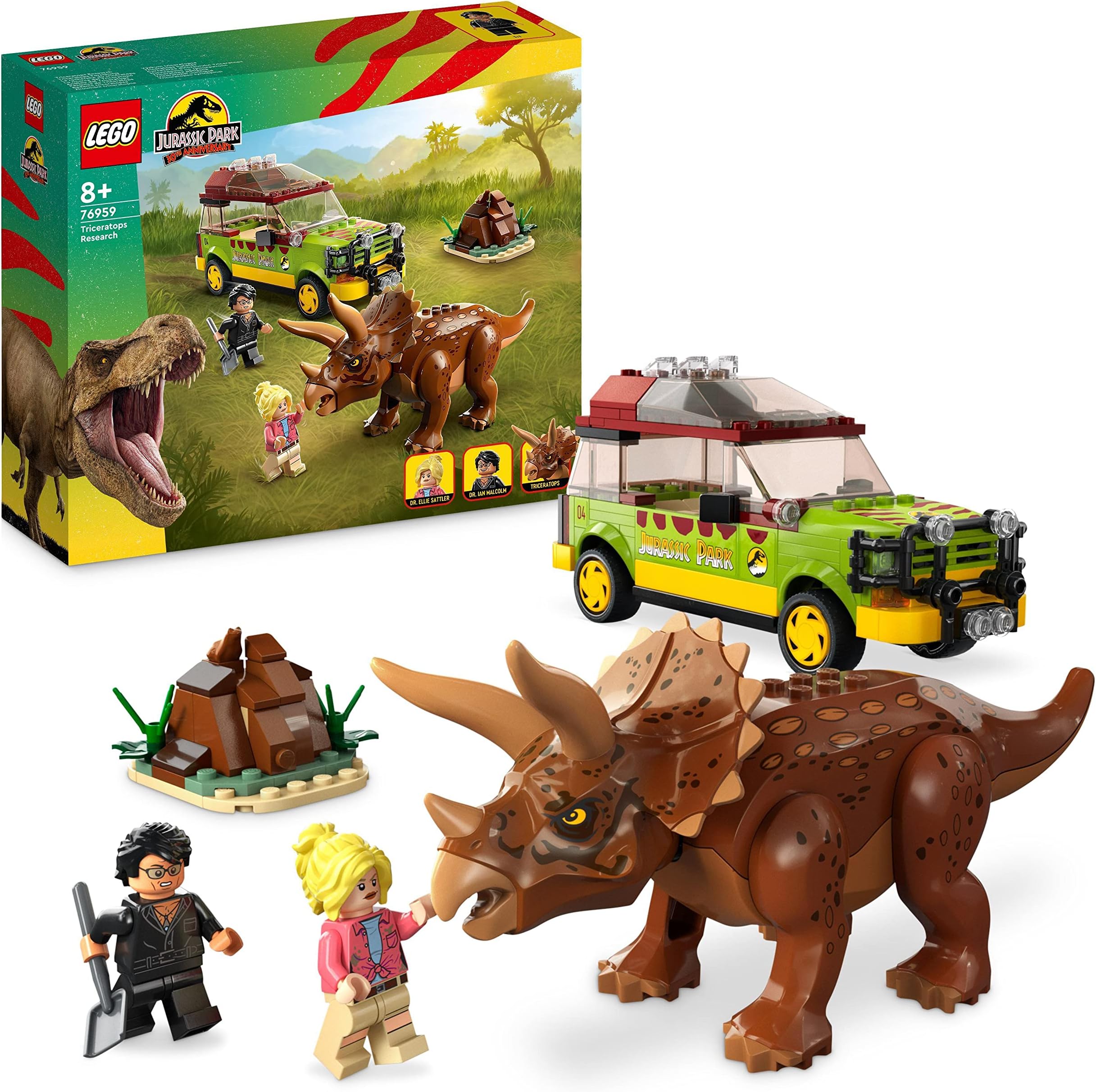 LEGO Jurassic Park Triceratops Research Dinosaur Toy Set with Ford Explorer Car and Dino Figure, 30th Anniversary Collection, for Boys, Girls, Kids 8 Years Old and up 76959