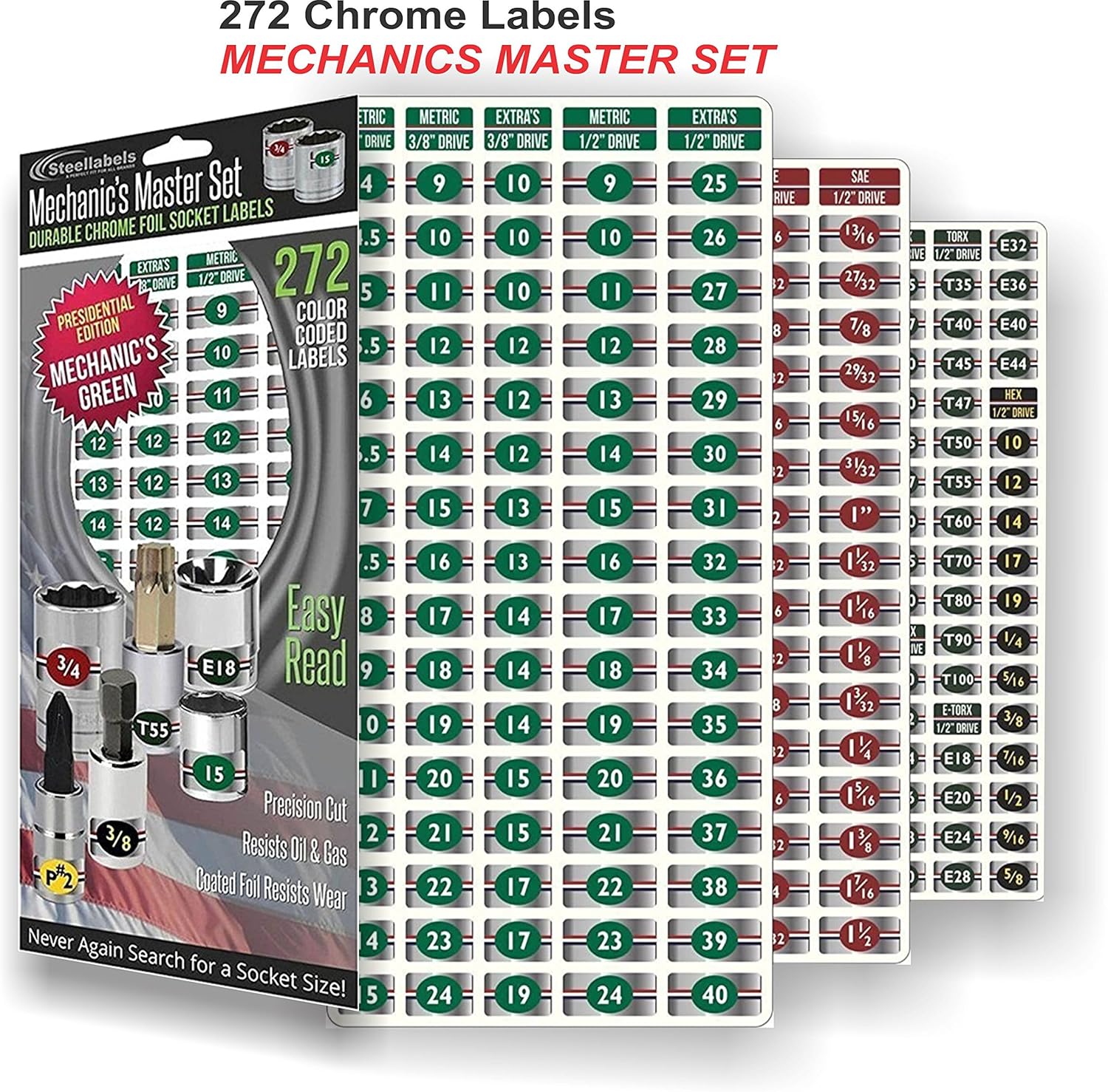 Combo Deal - (Green Edition) Magnetic Toolbox Labels plus our best “Master” Set of Socket Labels (green series) for Metric, Torx & SAE tools, fits all Craftsman, Snap On, Mac Tools and Tool Chest