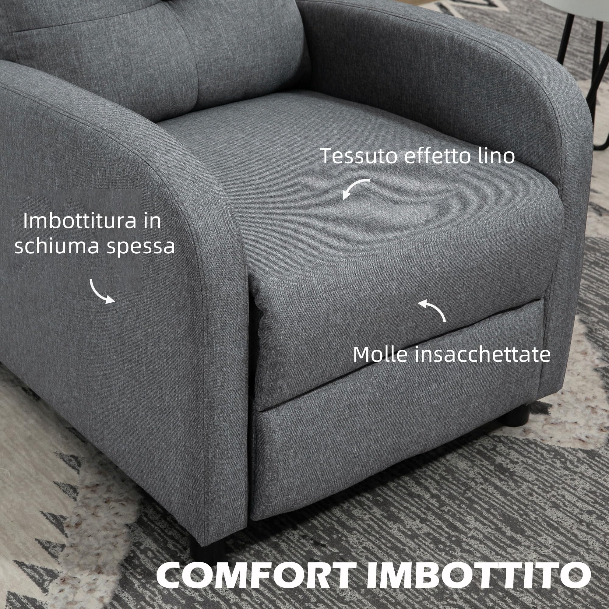 HOMCOM Poltrona Relax Reclinabile Manuale 155° con Poggiapiedi, Poltroncina Reclinabile Imbottita Ergonomica in Tessuto Effetto Lino per Camera da Letto, Ufficio, Salotto e Soggiorno, Grigio