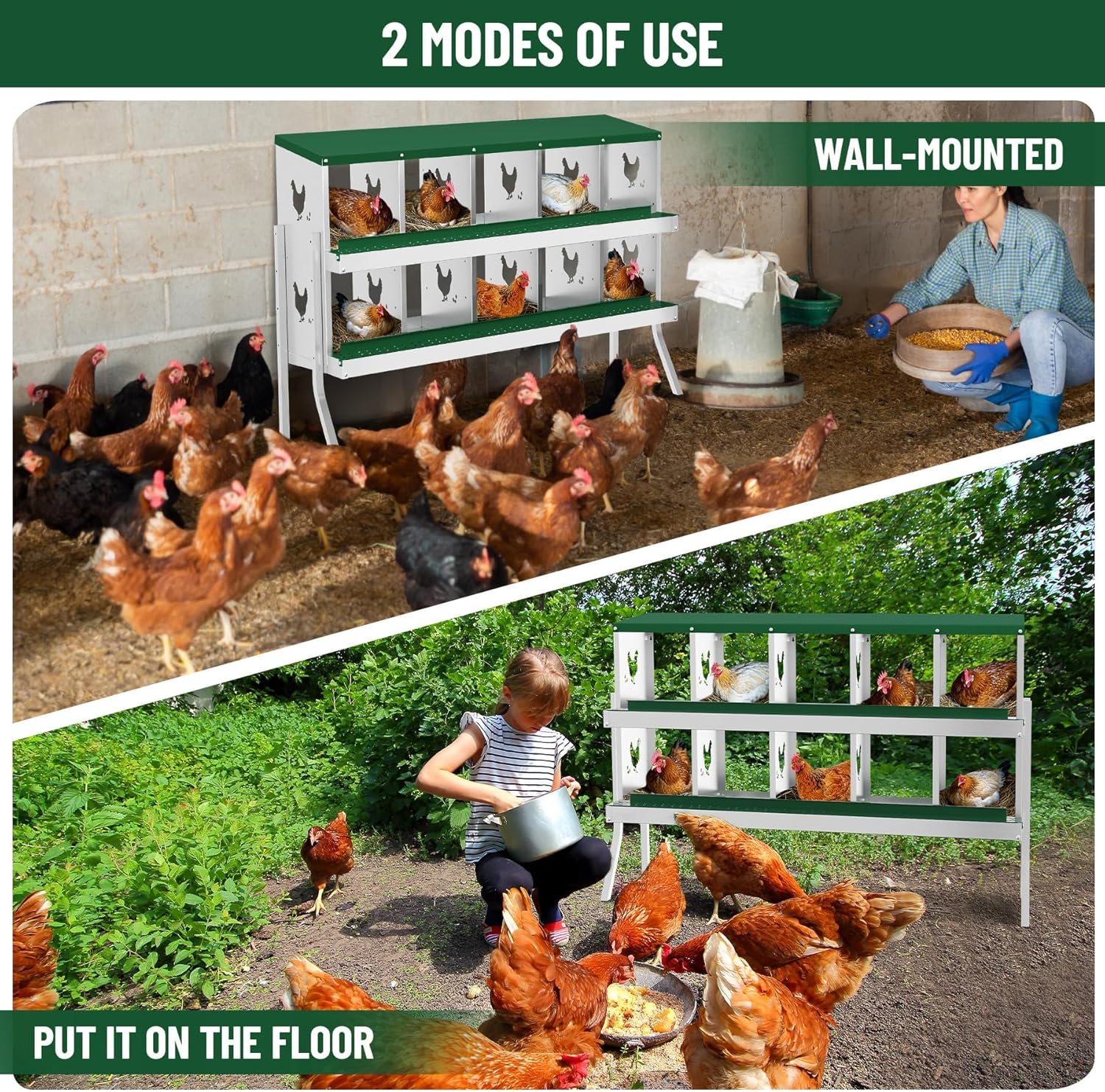 10-Compartment Metal Chicken Nesting Box - with Perch, Secure Lid & Metal Legs, Wall-Mount or Free-Standing Nesting Boxes for Hens