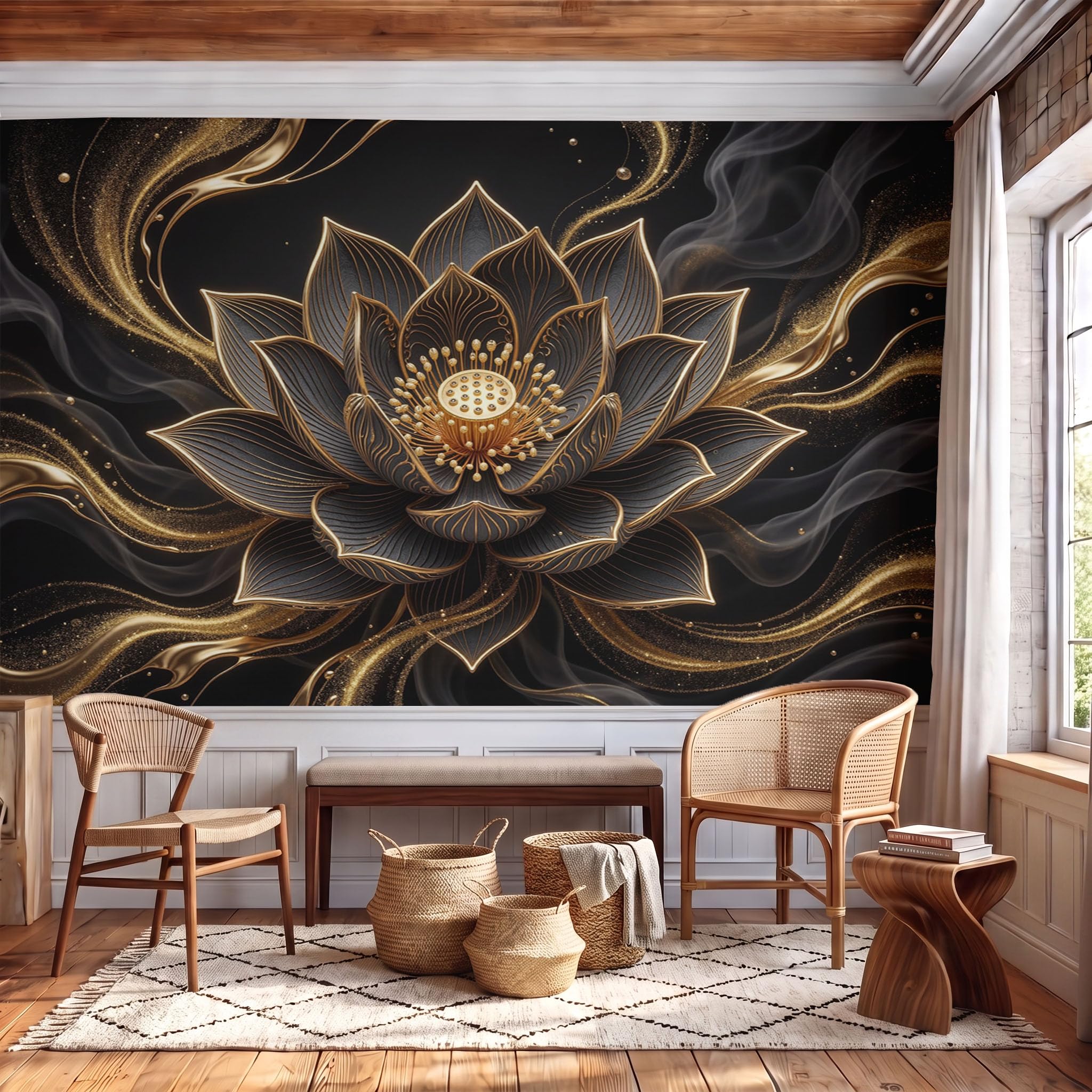 Papier Peint Panoramique 350X256Cm Relief De Lotus Doré En 3D | Noir Papier Peint Intissé Tapisserie Poster Décoration Murale Pour Salon Chambre - Plante De Luxe Ciel Étoilé