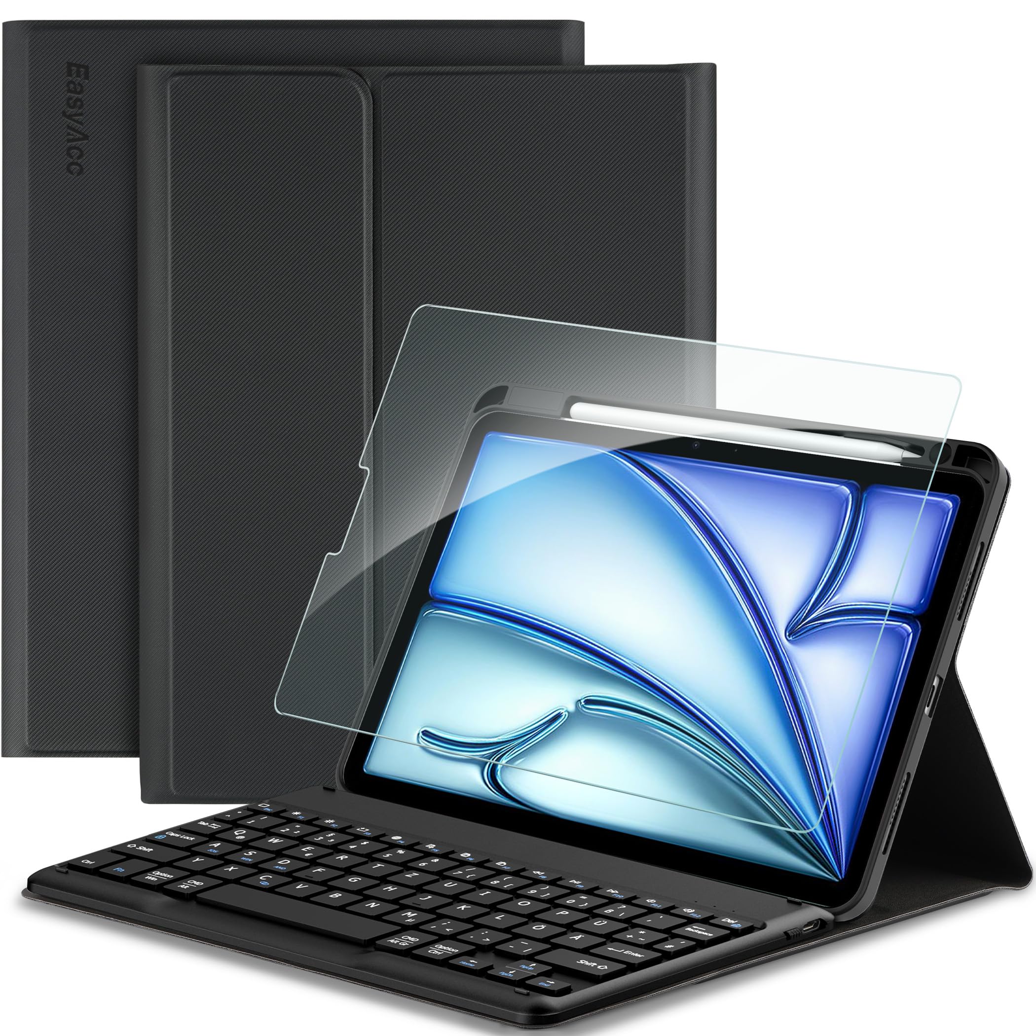 EasyAcc Tastatur Hülle für iPad Air 7 Generation 2025 M3 11 Zoll / Air 6/5/4 Generation 2024 / 2022 / 2020 / iPad Pro 11, Magnetisch Abnehmbarer mit Stifthalter, Schwarz