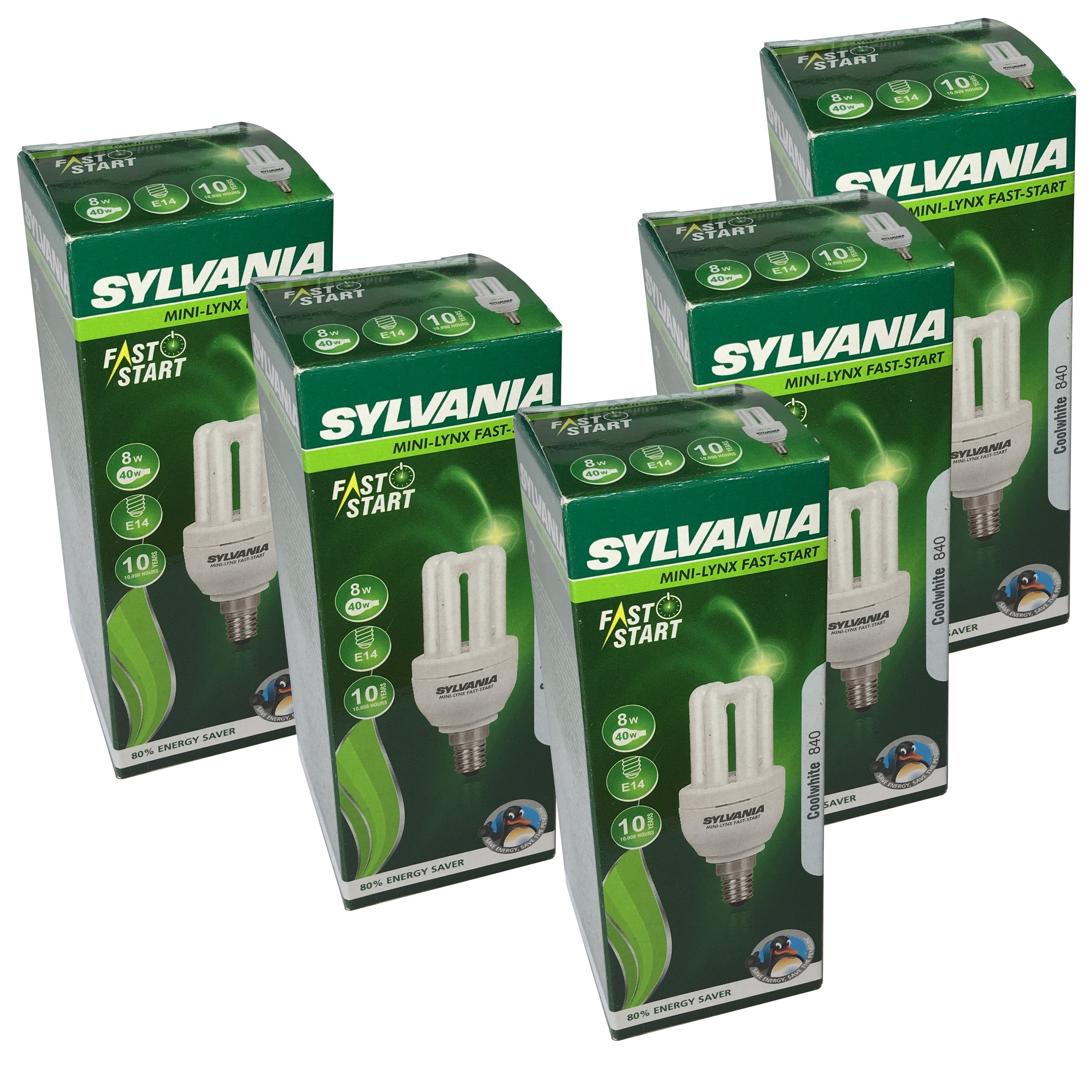 5 x Mini-Lynx Fast-Start 8W (=40W Equivalent, Replaces 40W) Small Edison Screw SES CFL Energy Saving Light Bulb, 450 Lumen, 10 Years, 840 4000K Cool White