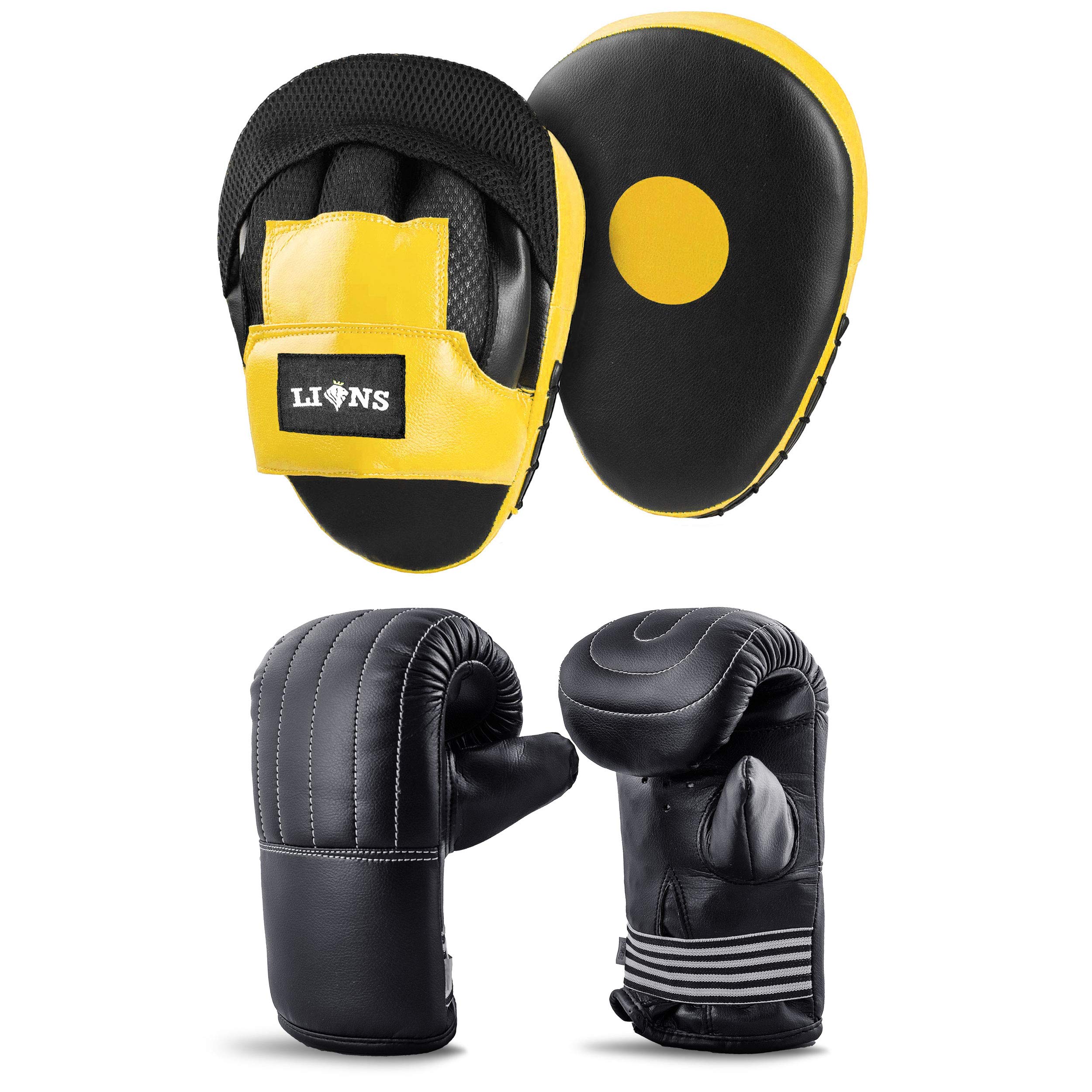 Lions Bag Mitts and Pads Set - Boxing Mma Focus Punch Bag Hook & Jabs Gloves (Injection - Yellow, Senior)