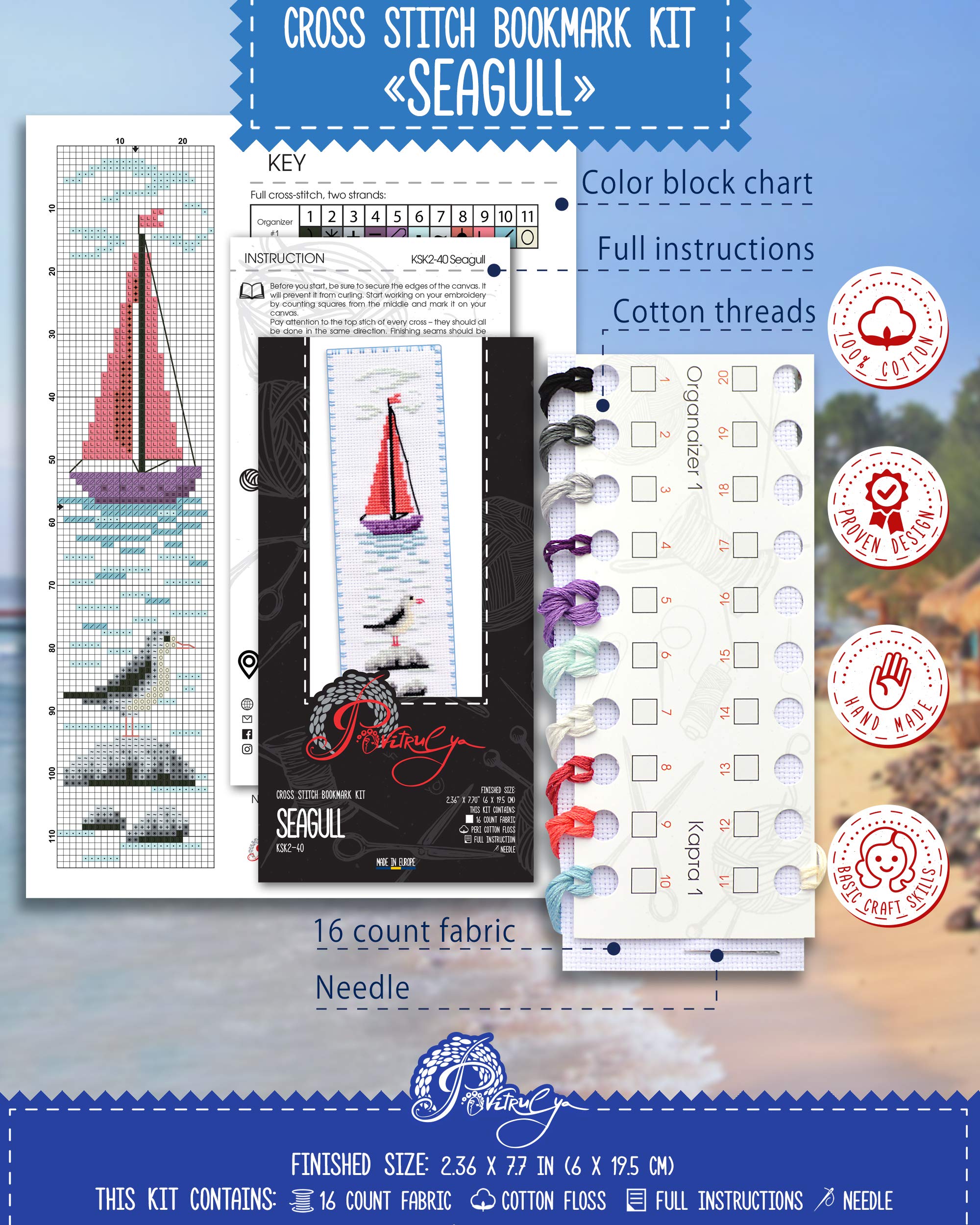 Povitrulya Seagull Cross Stitch Bookmark - Seaside Beach Embroidery Set with Paper Pattern, 16 Count Aida Cloth and Pre-Sorted Floss