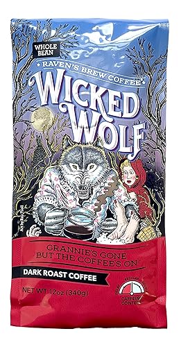 Raven's Brew Coffee Café de cuerpo completo tostado oscuro en grano entero - Wicked Wolf, 12 onzas