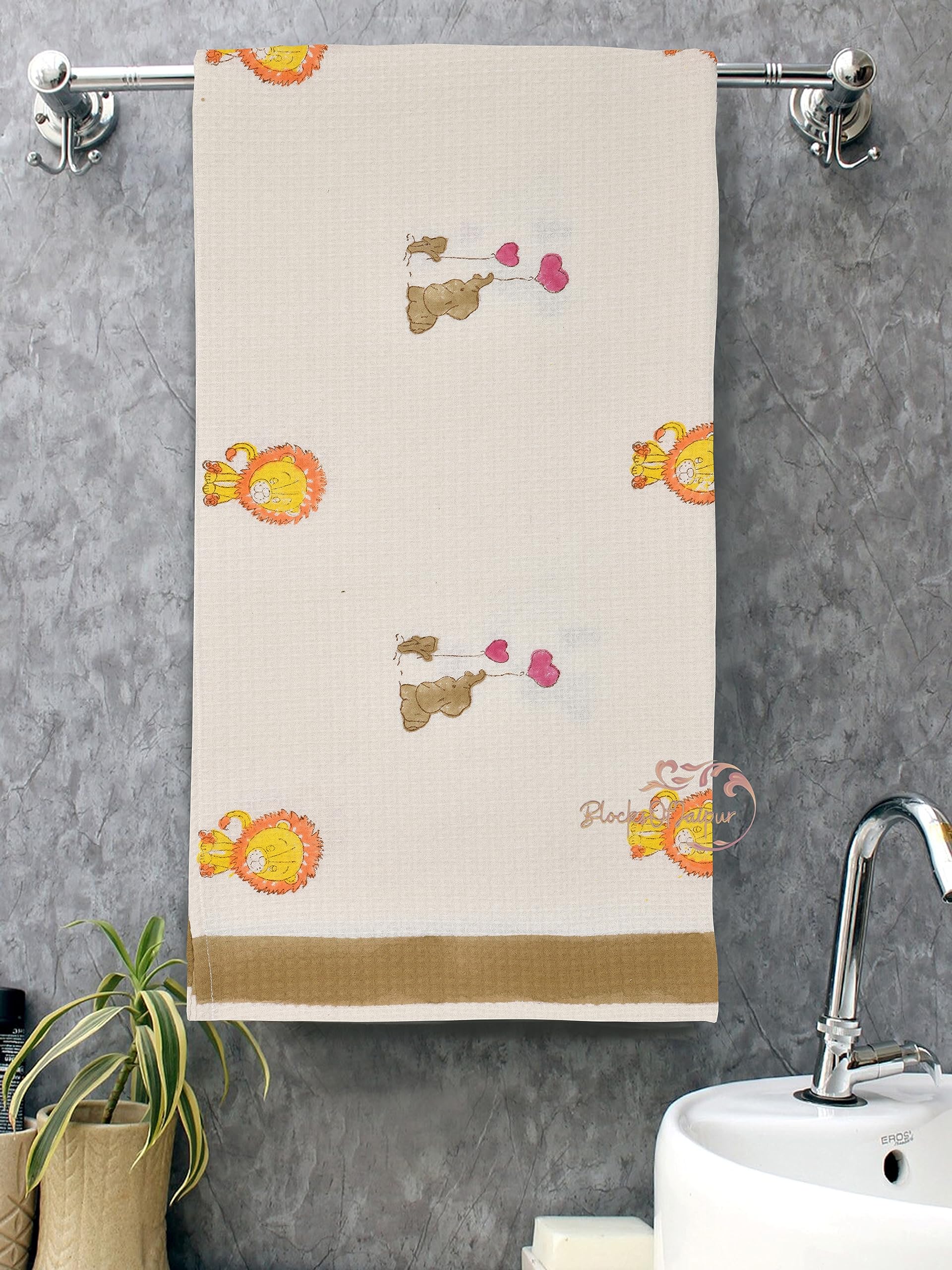 WOODSY Waffle Towels, 310 TC, 410 GSM, Beautiful Hand Block Printed Cotton Water Absorbent Towel Soft Cotton Towel for Bathroom (YELLOW LION and BROWN ELEPHANT)