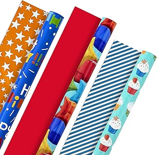 Hallmark All Occasion Reversible Wrapping Paper (3 Rolls: 75 sq. ft. ttl) Colorful Balloons, Stars on Orange, Cupcakes, Bl...