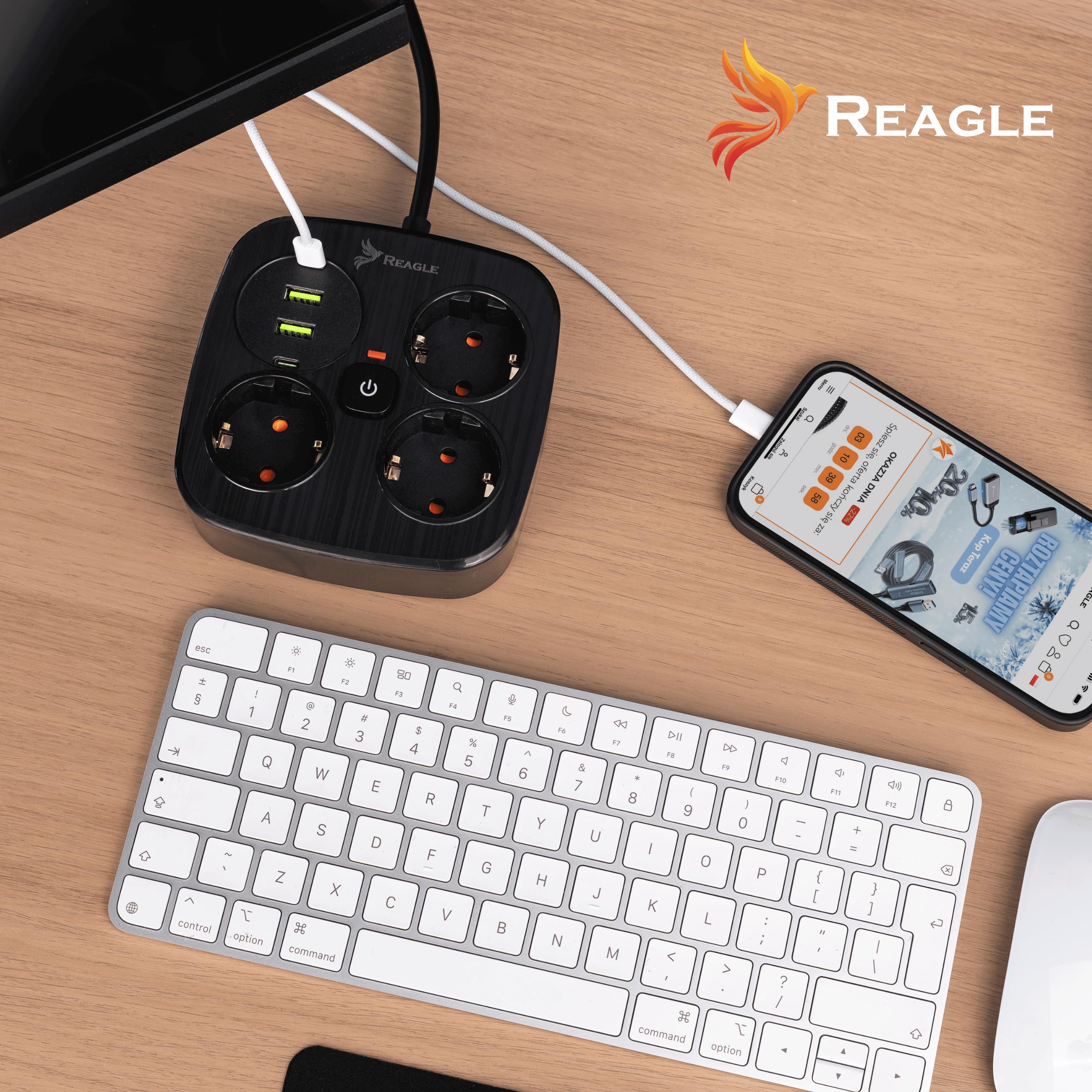 Reagle Listwa Zasilająca z 4 portami USB 2x USB 2x USB-C, Antyprzepięciowa, 3 Gniazda 230V, Przedłużacz Rozdzielacz z przełącznikiem do Oszczędzania Energii do domowego biura Kabel 3M