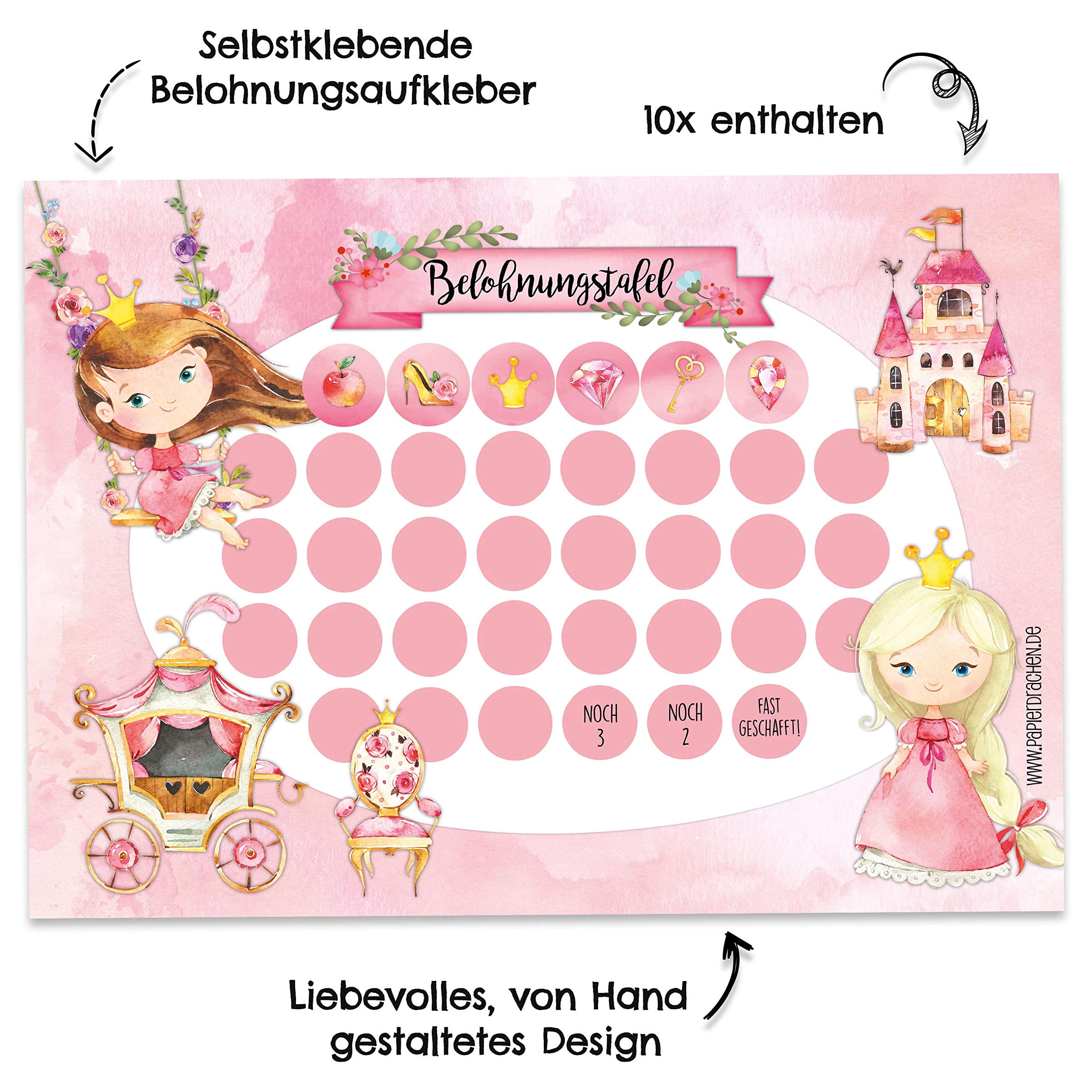 Papierdrachen Set di 10 fogli per la ricompensa per bambini, con fantastici adesivi per ragazzi e ragazze, motivo principessa, set da 19