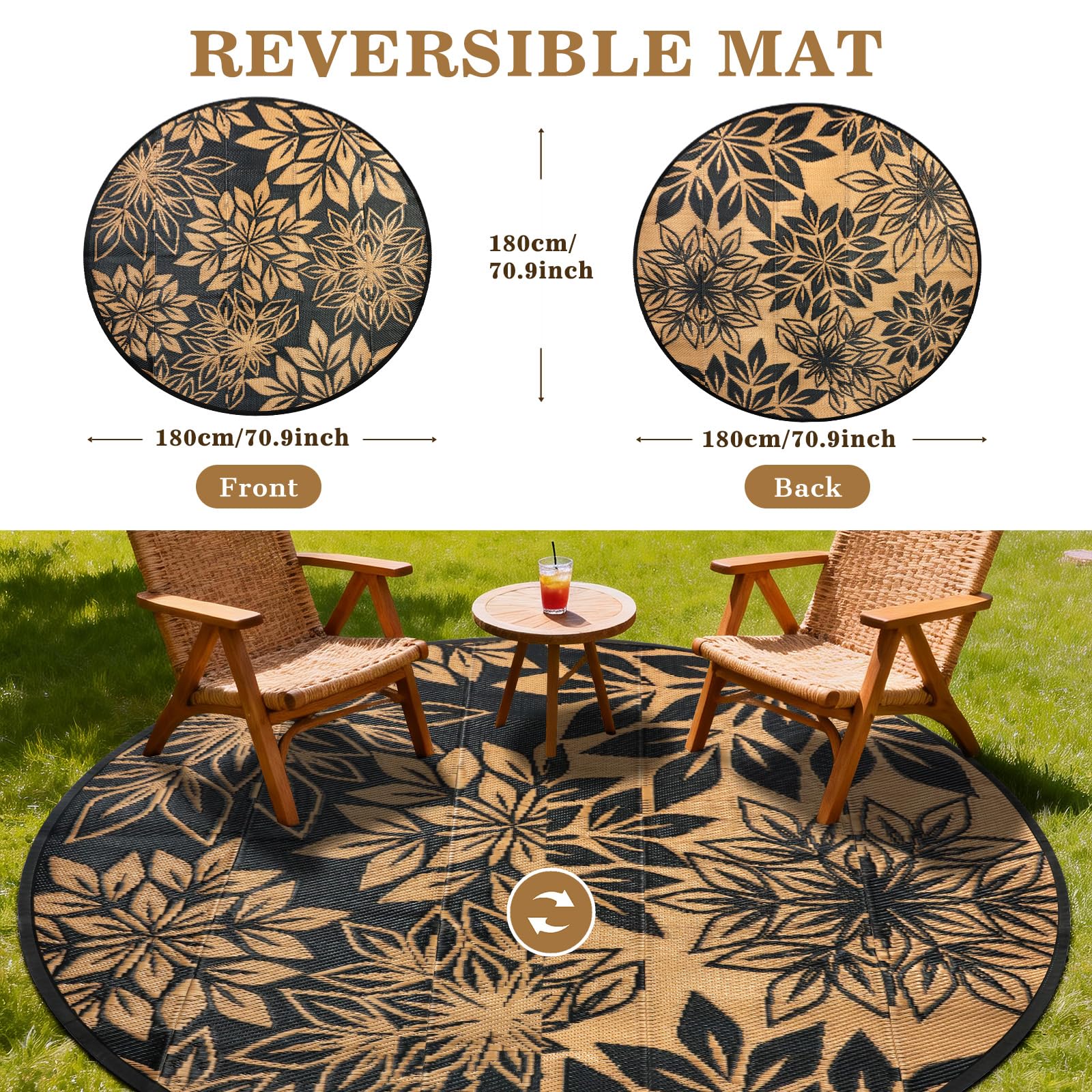 Tapis d'extérieur rond pour patio 180 cm, Feuilles noires, Tapis de jardin extérieur réversible imperméable, résistant aux UV, Tapis de sol rond pour patio extérieur pour balcon, terrasse
