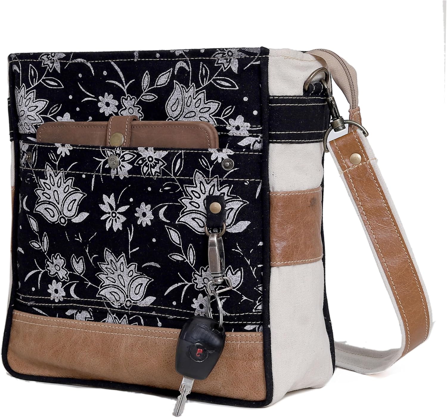CLA Bags SEL de MER Upcycled Off-White Blossom Print Canvas & Leather Shoulder Bag, Canvas Crossbody Bags for Women (Black) - Image 6