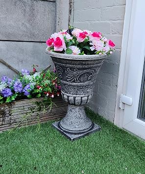 Divas World Stone Effect Urn Planter Plastic Round Tall Outdoor Garden Pot Stand Jumbo Large 55cm Antique-Inspired Vase Pedestal Flowers Pots