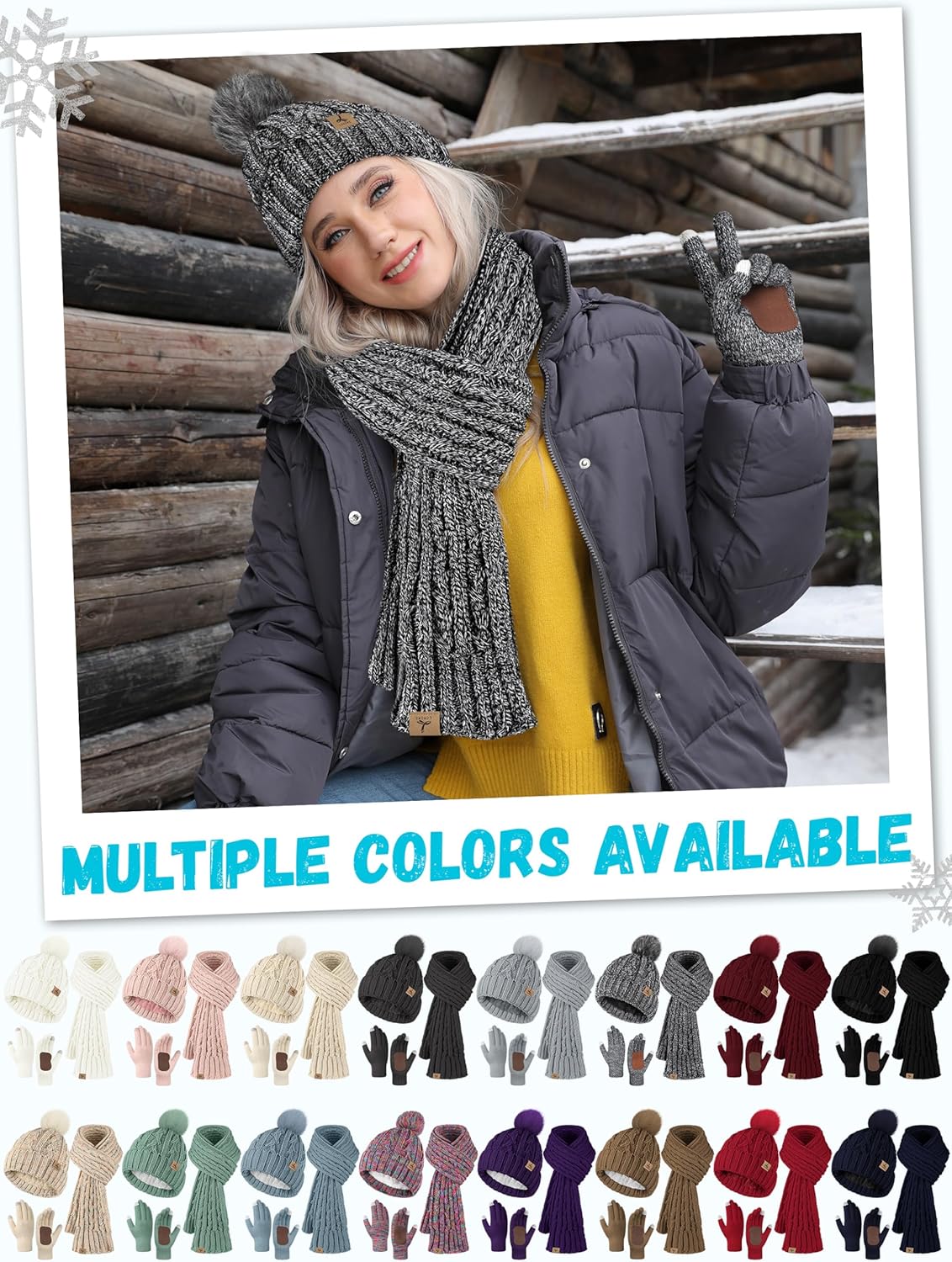 Winter Hat Scarf Gloves Set,Fleece Lined Pom Pom Beanie Hat Warm Knit Long Scarf Touchscreen Gloves Winter Gifts for Women - Image 6