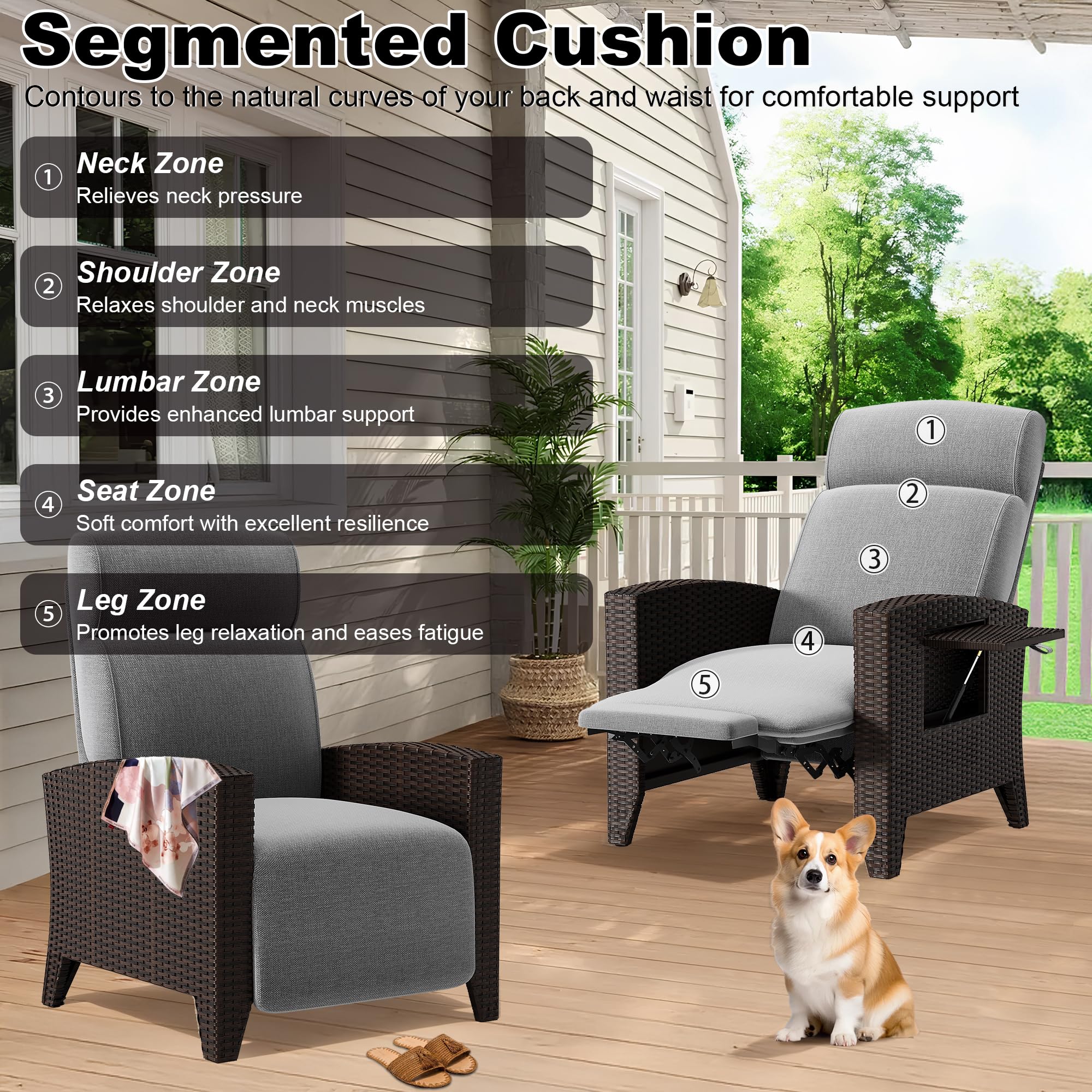 Fiutazge Set 2 Tumbona de Ratán con Respaldo Regulable,Sillon Relax Reclinable,Chaise Longue con Cojín y Funda Sillas Jardin,Tumbonas Jardin Exterior para Terraza Patio,Ratán Negro y Cojín Gris