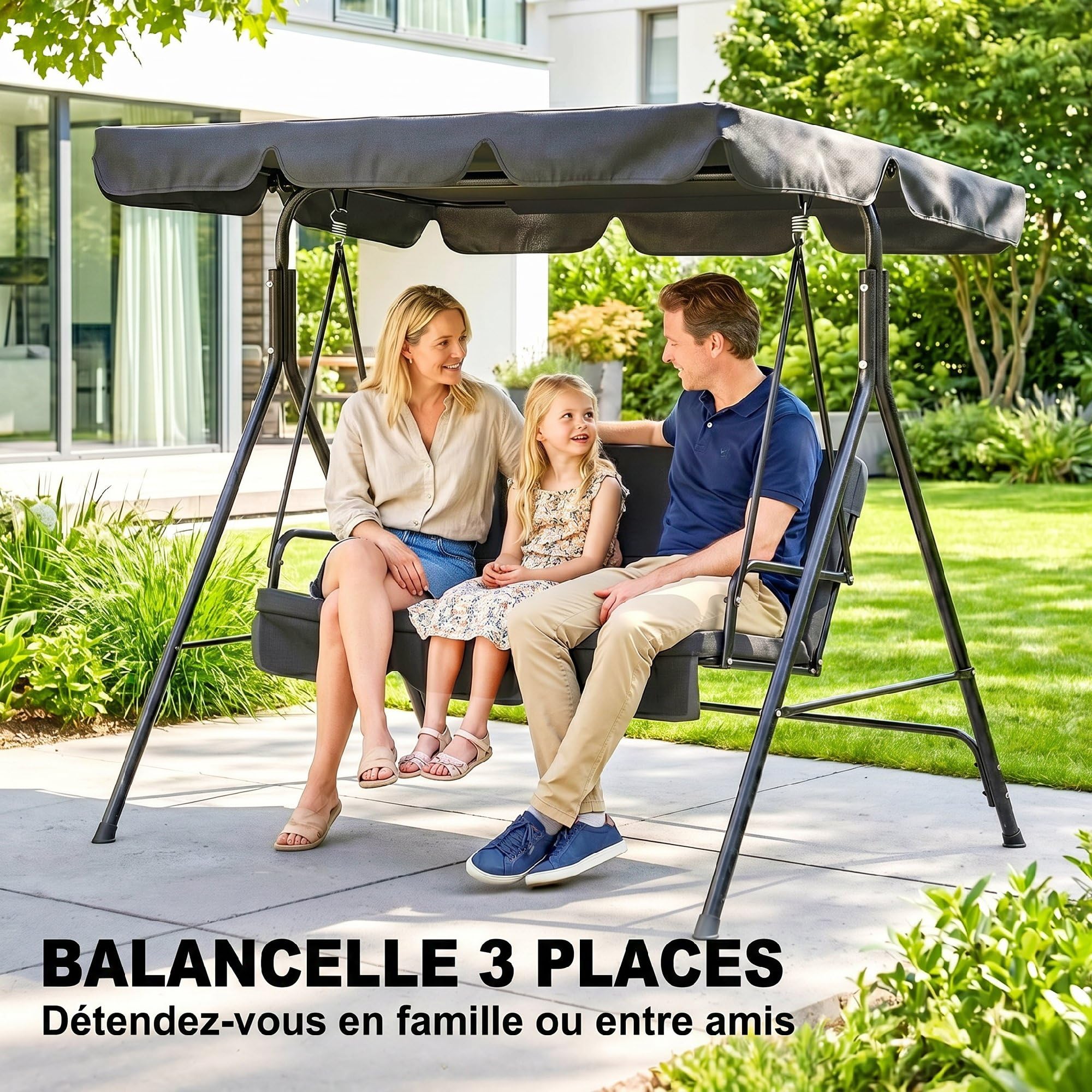 Outsunny Balancelle de Jardin 3 Places Toit Inclinaison réglable Acier Noir