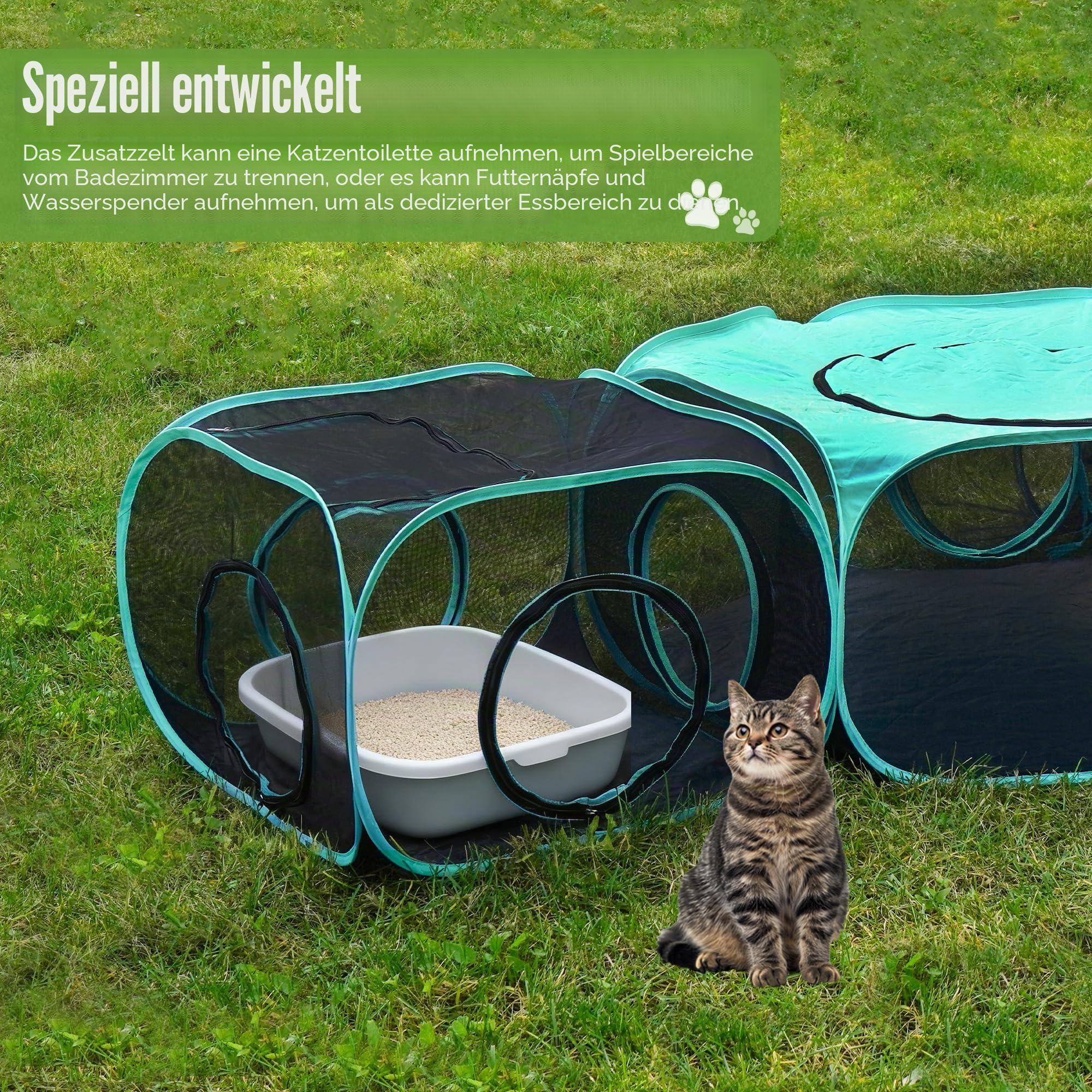 Großes Freigehege für Katzen Pop-Up Zelt, Tragbare 3-in-1 Modulare Katzenvoliere mit Vernetzten Fenstern für Innen & Außen, Reise, Garten, Park