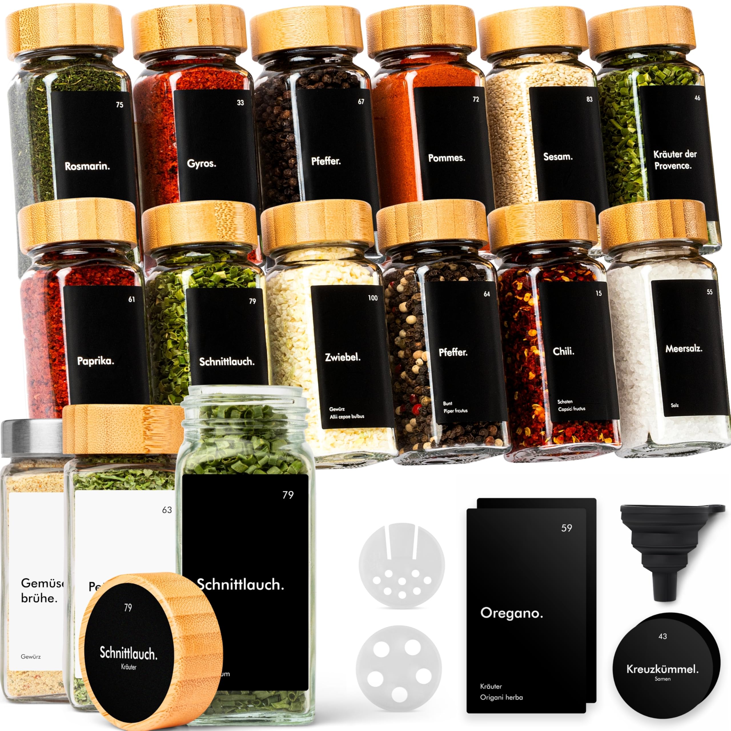 KIVY Spice Jars with Shaker Insert [12 x 120 ml] + 120 Waterproof Labels - Airtight Spice Jars Square (Spice Jar Black Bamboo Lid)