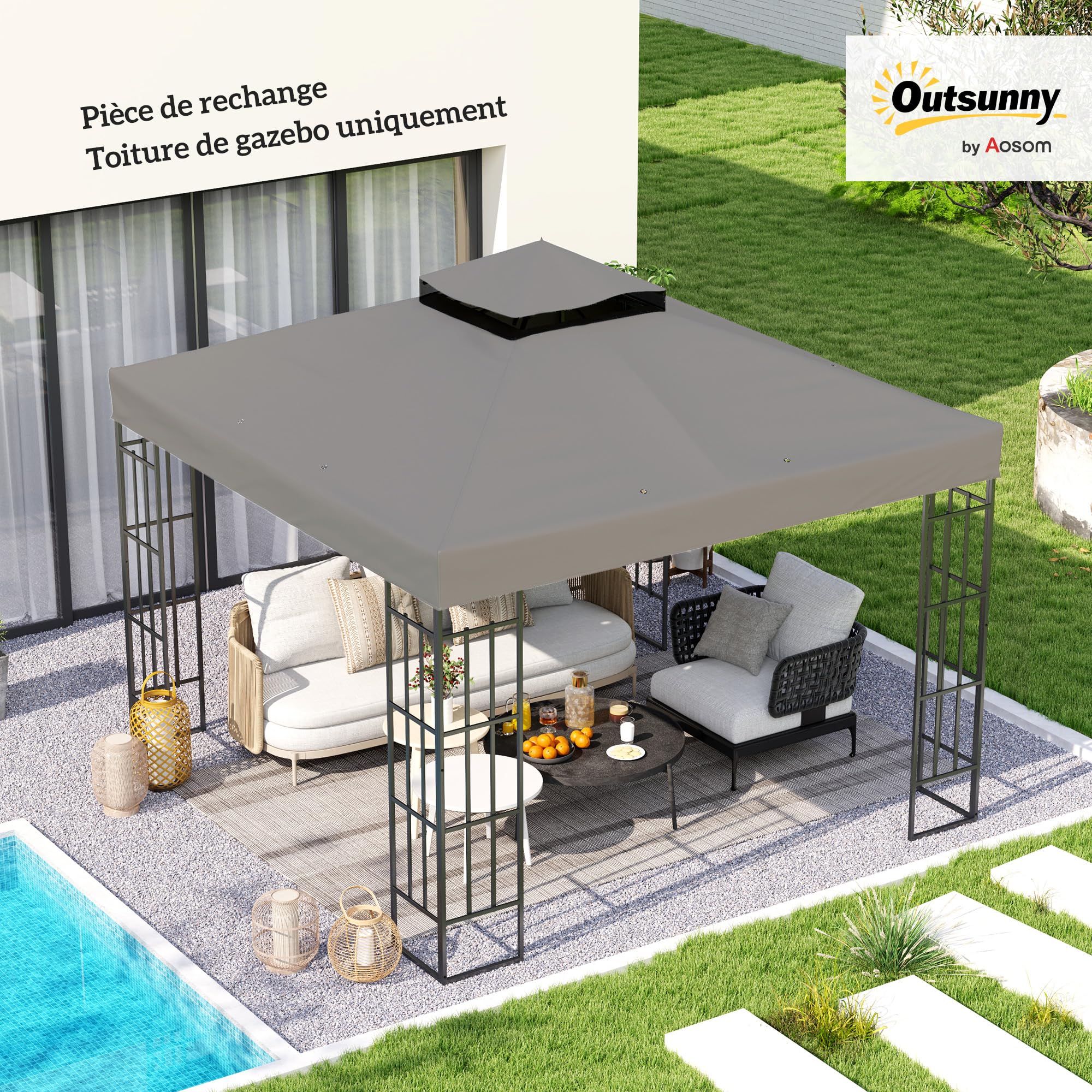 Outsunny Toile pour Tonnelle 3 x 3 m Rechange 2 Niveaux PVC Gris