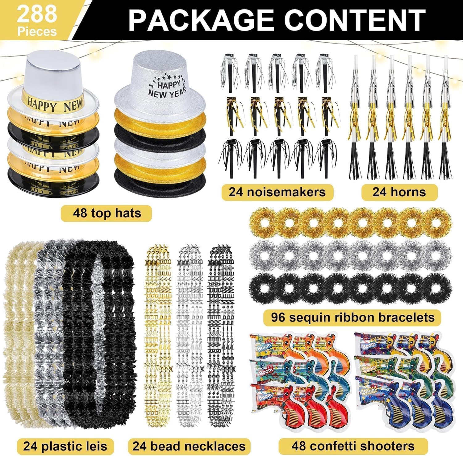 fovths 288 pieces 2026 new years eve party supplies includes top hats noisemakers horns confetti shooters sequin ribbon bracelet bead necklaces plastic leis for new year party favors