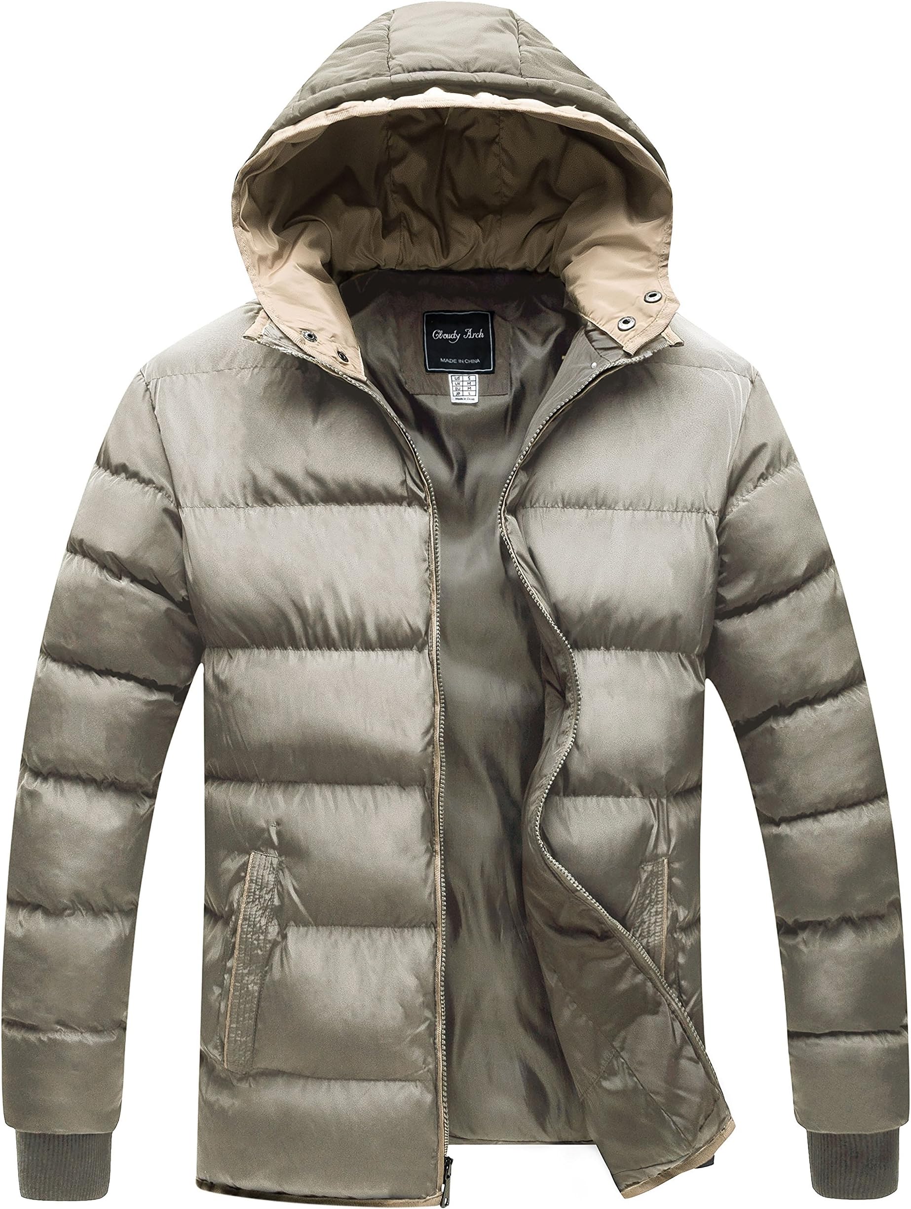 Men's Winter Double Hooded Thicken Quilted Cotton Jacket(Khaki,Small)