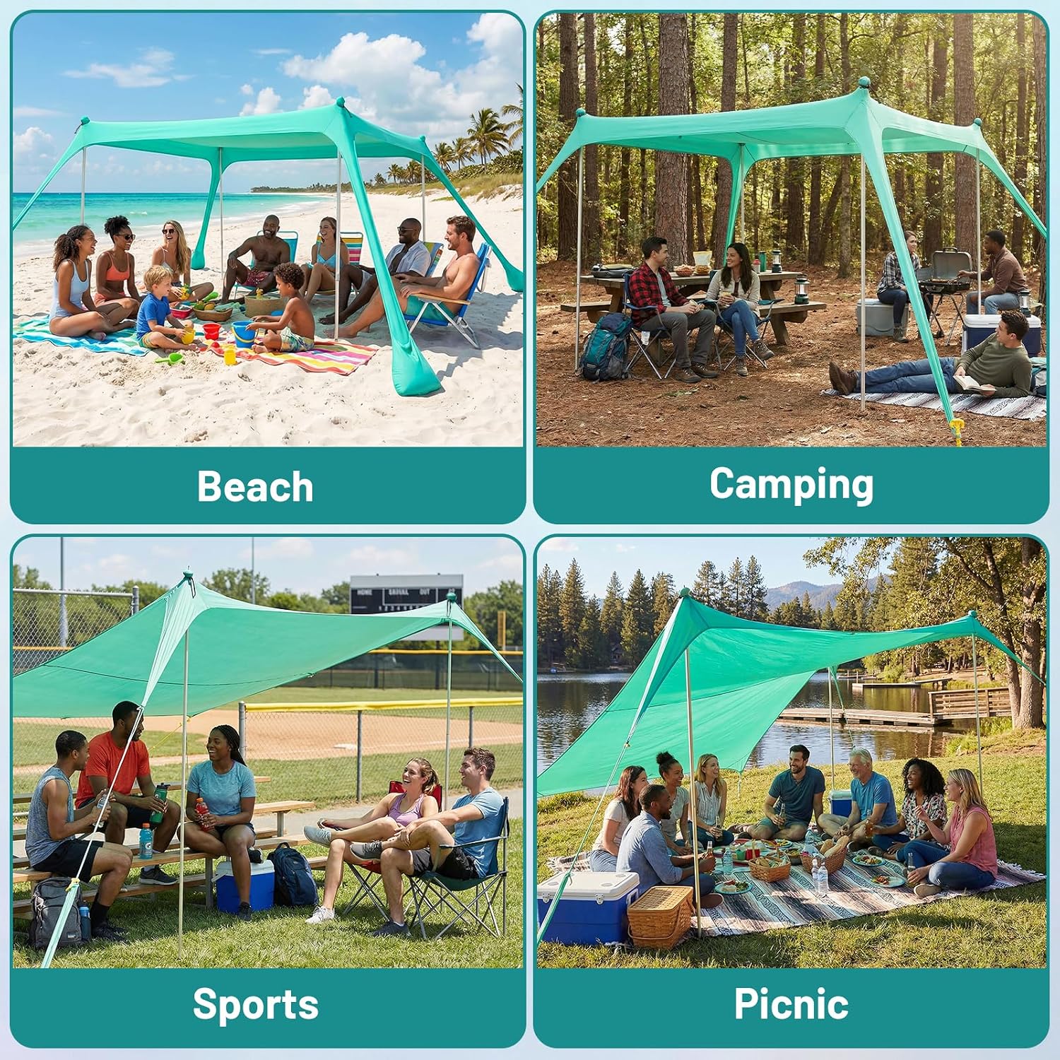 10x10 FT Beach Tent Sun Shelter, Lycra Beach Canopy with 2 or 4 Adjustable Poles, Windproof Sun Shade for Beach, Picnic and Backyard, Portable Shelter for 6-8 Person, Beach Essentials, Green